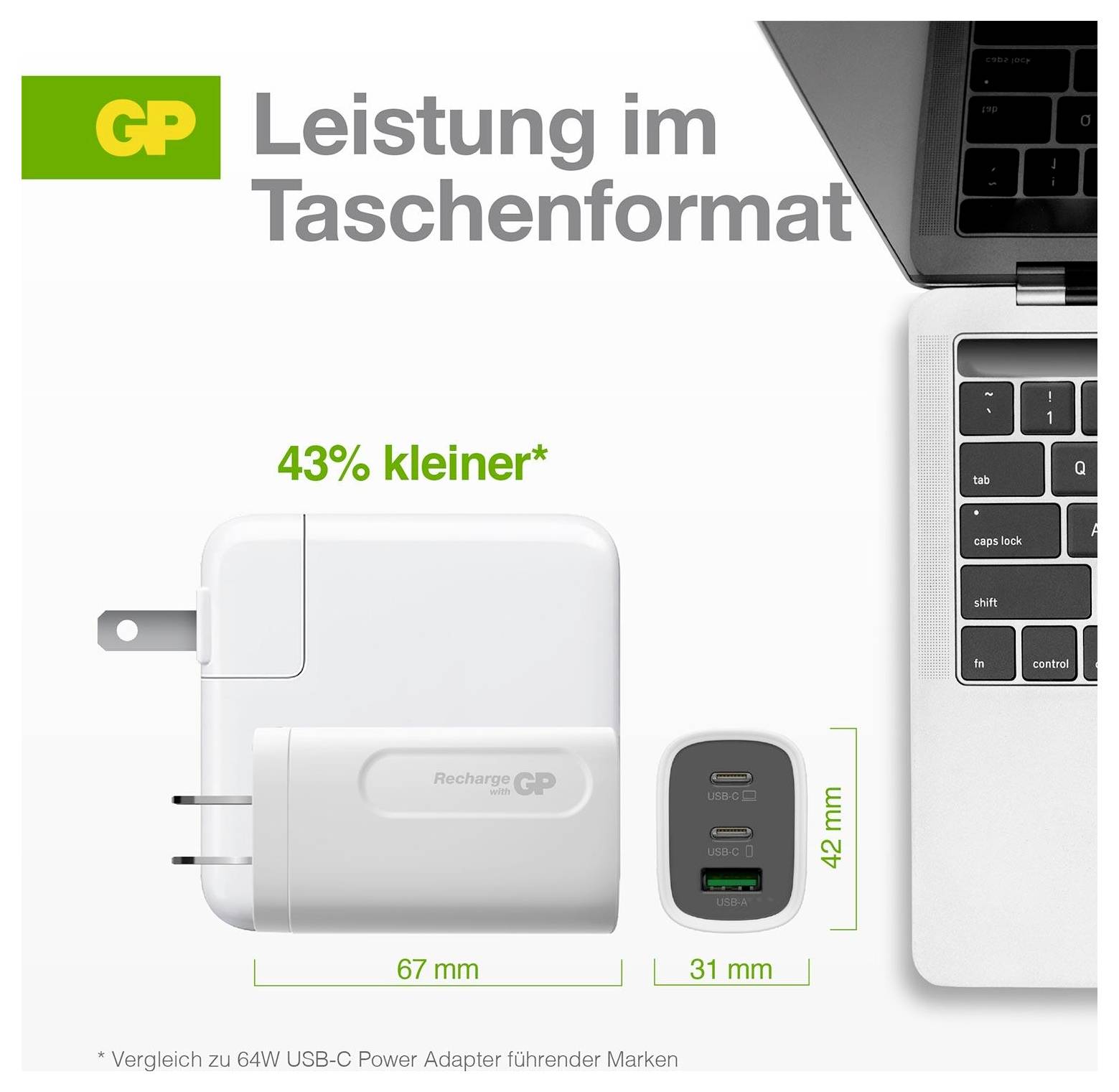 GP-Ladegerät Anzeige mit einem kompakten Netzteil neben einem Laptop, mit dem Text „Leistung im Taschenformat
