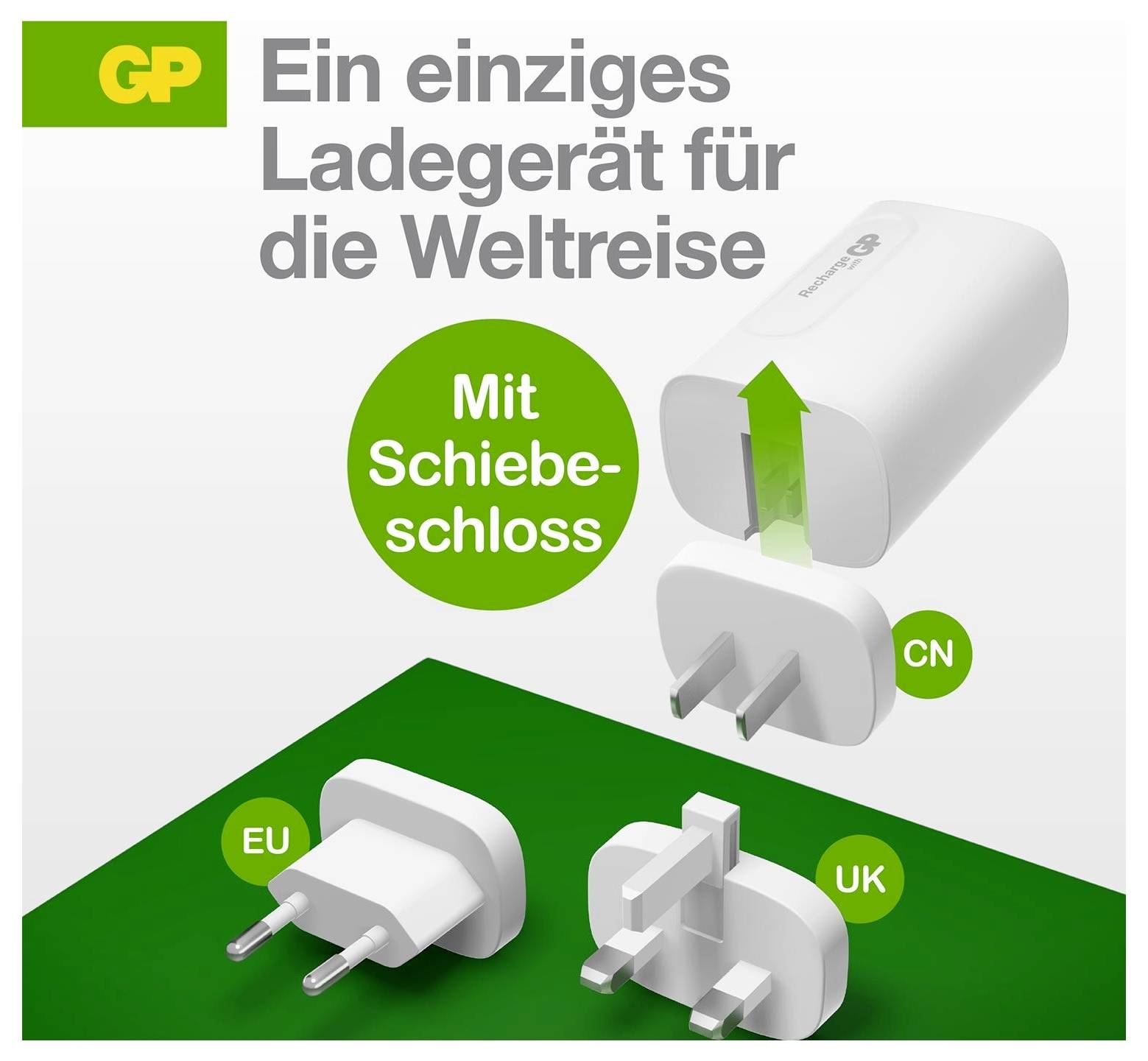 Universelles Reiseladegerät mit Schiebeverschluss für EU-, UK- und CN-Stecker.