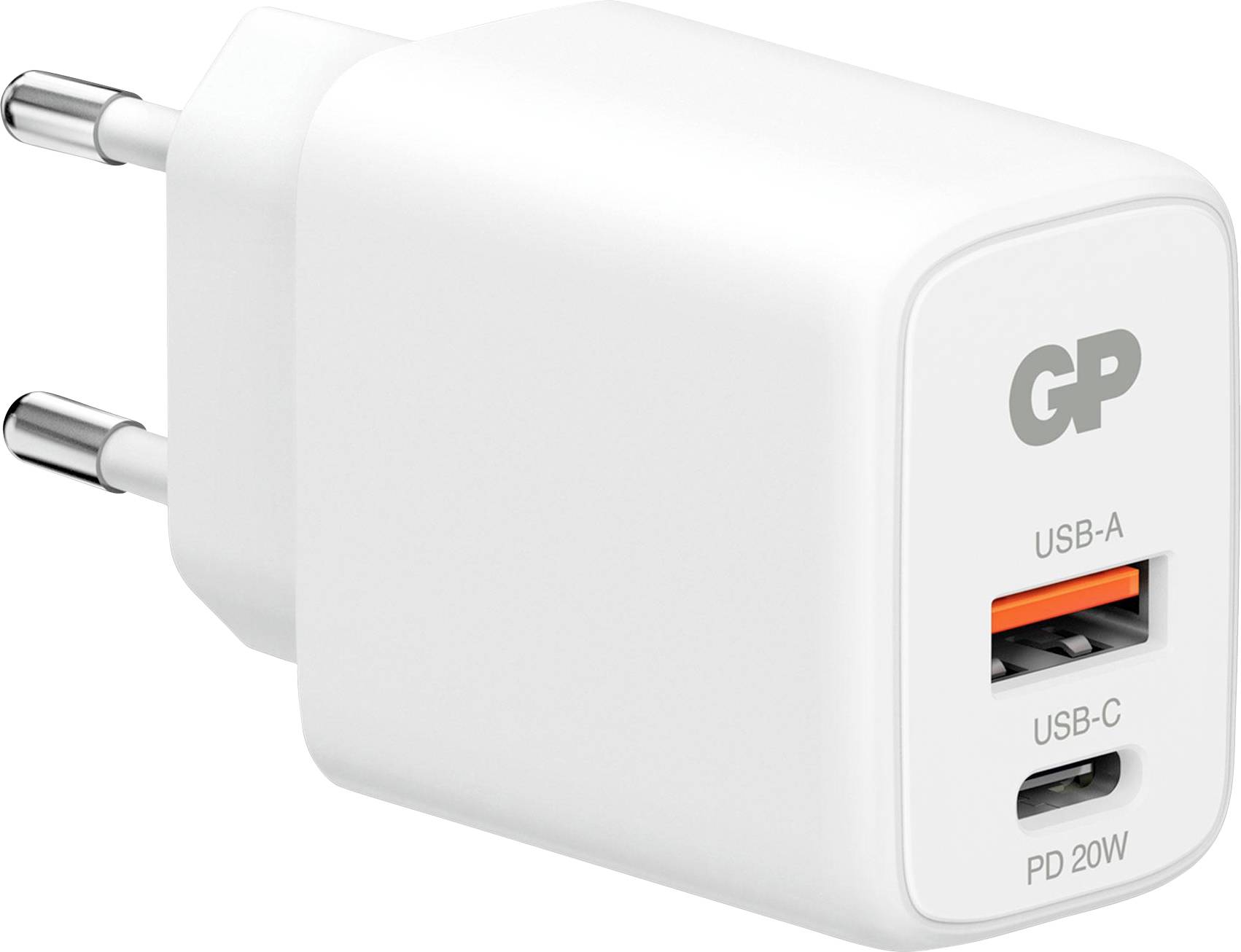 Weiß GP Wandladegerät mit zwei runden europäischen Steckerpins und vorderen USB-A- und USB-C-Anschlüssen mit PD-20W-Beschriftung.