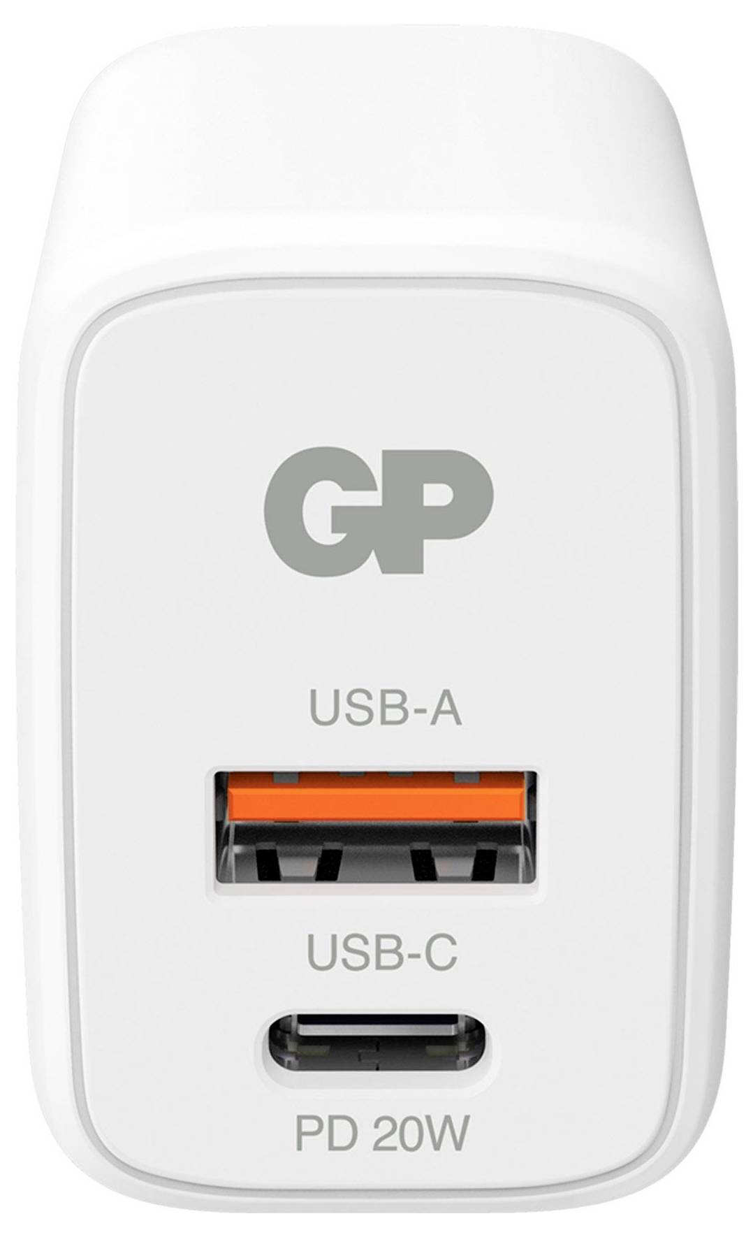 Weißes GP-Wandladegerät mit USB-A und USB-C Anschlüssen, mit der Bezeichnung 