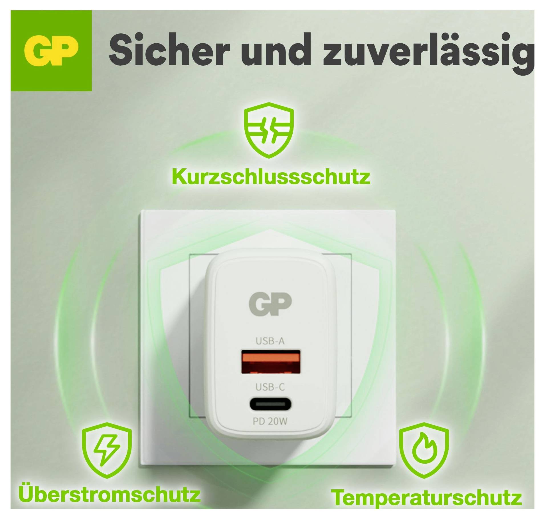 GP USB-Wandladegerät mit Sicherheitsfunktionen: Kurzschlussschutz, Überstromschutz und Temperaturschutz, mit Text „Sicher und zuverlässig
