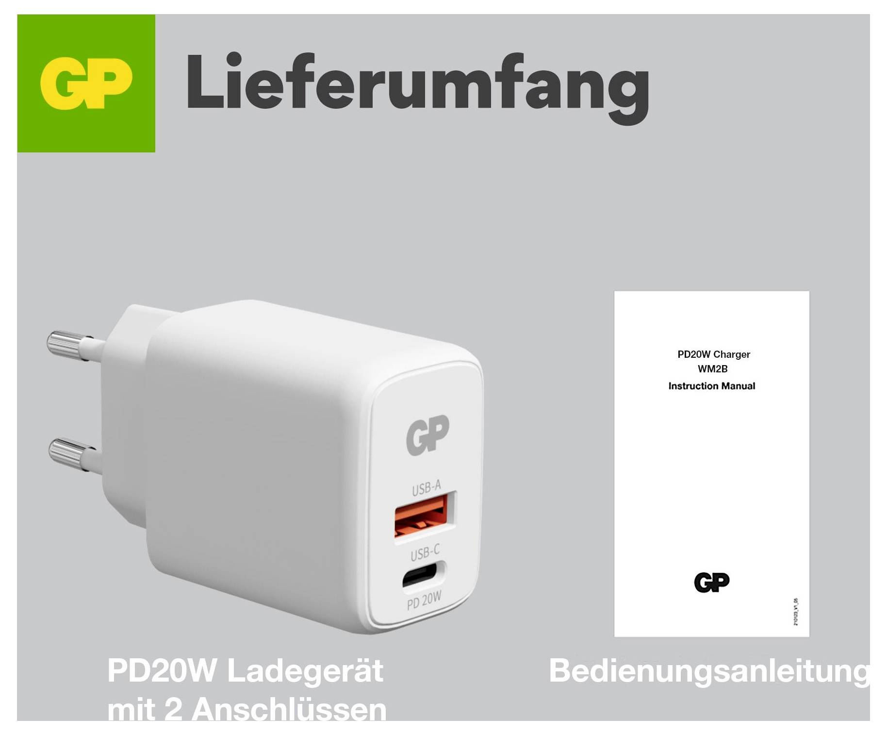 Produktinhalte-Grafik mit einem GP PD20W-Ladegerät mit 2 Anschlüssen und einer Bedienungsanleitung, gekennzeichnet mit „Lieferumfang