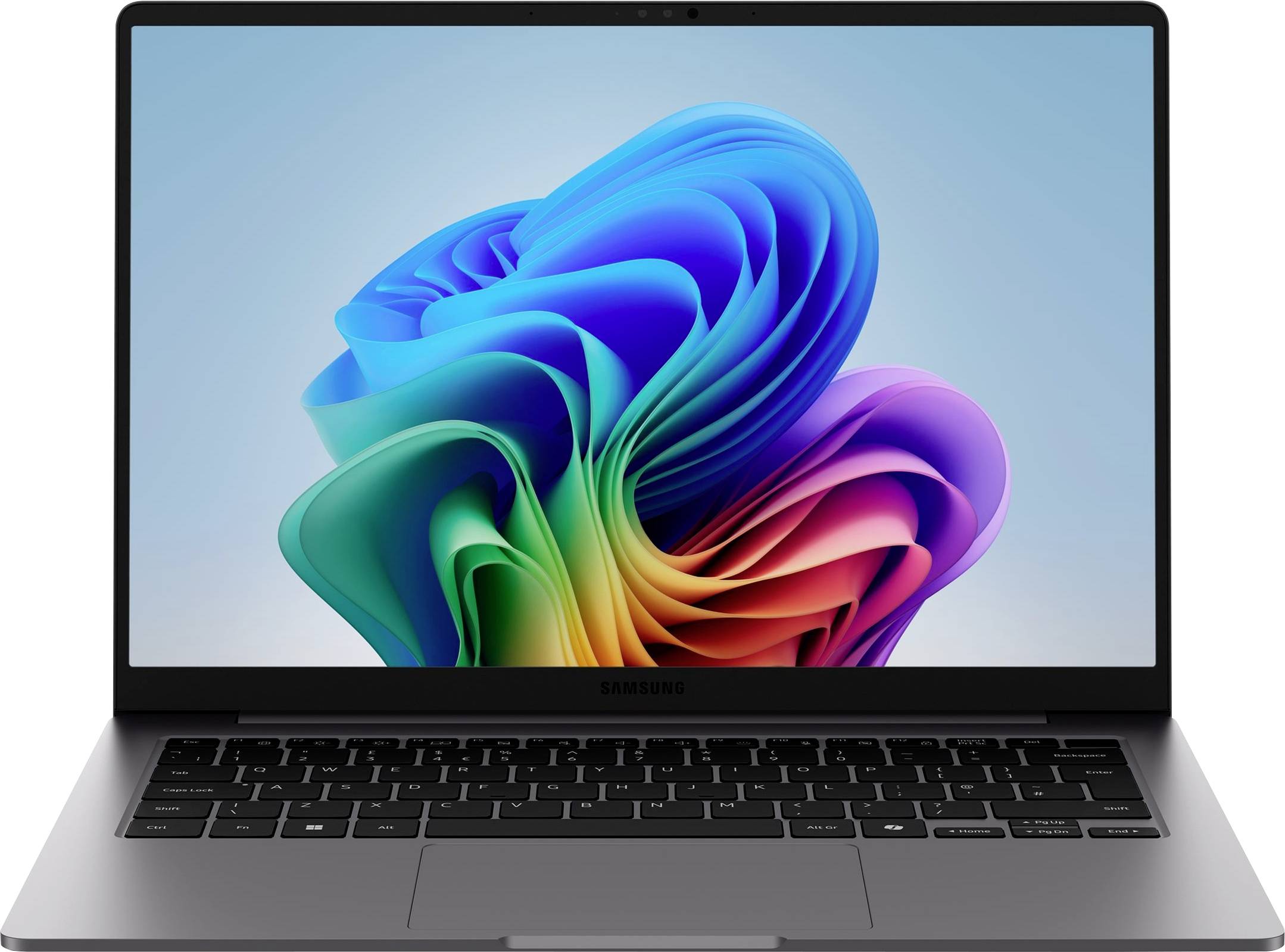 Ein Samsung-Laptop mit einem farbenfrohen abstrakten Wirbel-Hintergrundbild auf dem Bildschirm, geöffnet vor einem weißen Hintergrund dargestellt.