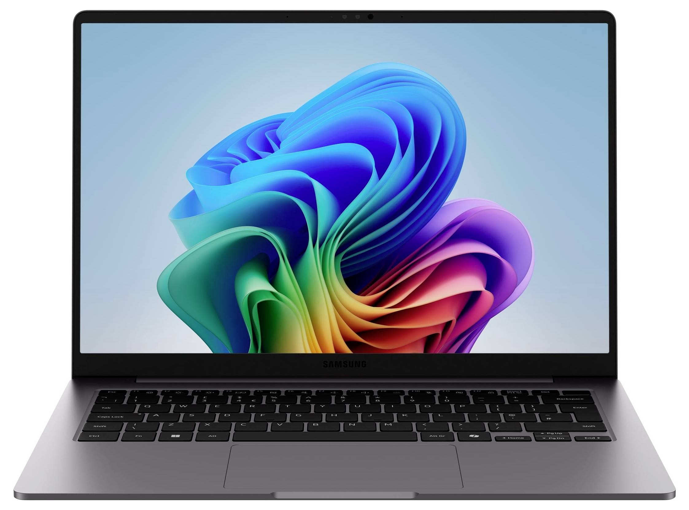 Laptop mit Samsung-Logo geöffnet, zeigt ein farbenfrohe abstrakte Wirbel-Hintergrund auf dem Bildschirm.