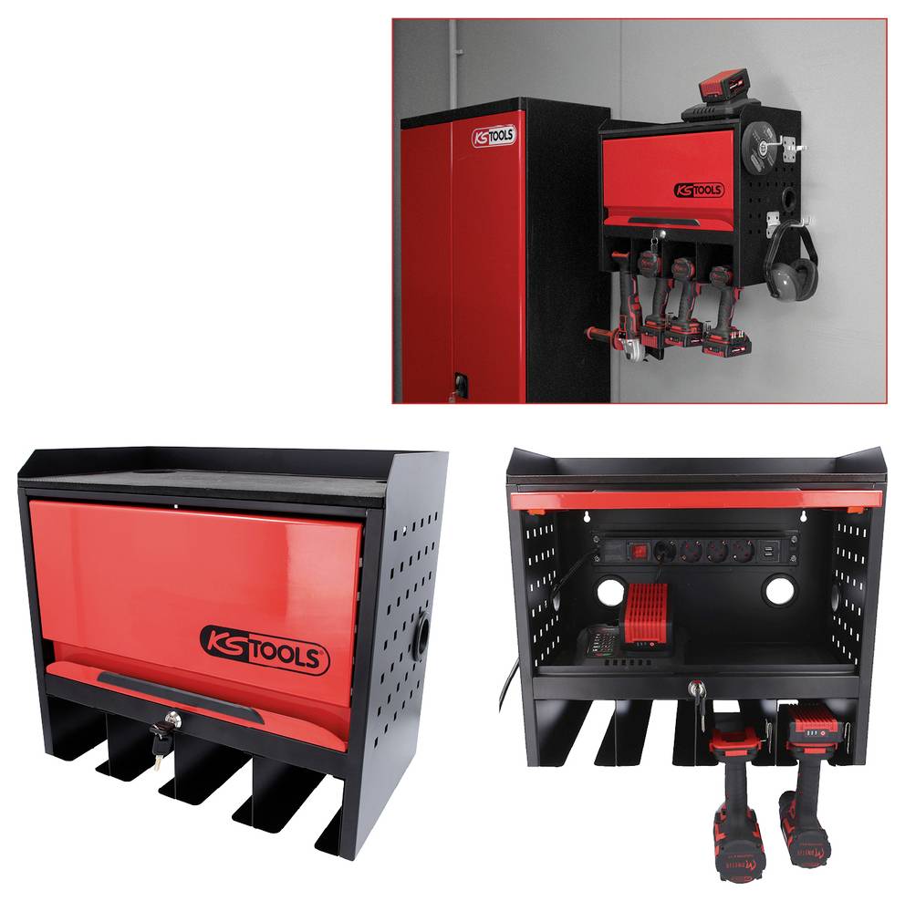 Collage aus einem rot-schwarzen KSTOOLS wandmontierten Ladeschrank und einer Werkzeugstorage-Einheit mit Steckplätzen, Regalen und hängenden Elektrowerkzeugen.