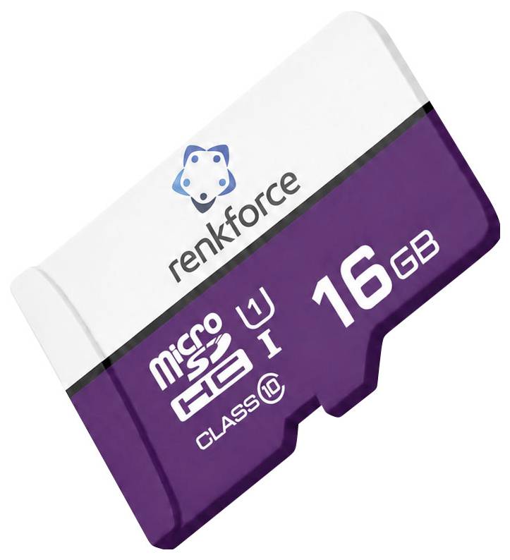 Violett und weiße 16GB Renkforce microSD-Karte mit Adapter-Branding