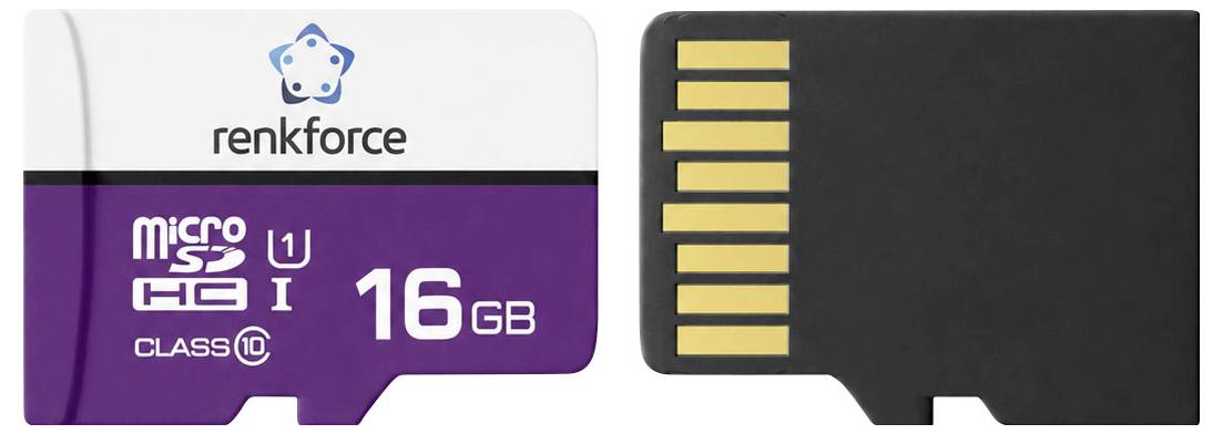 Eine 16-GB-microSD-Karte von Renkforce, Vorder- und Rückseite gezeigt, mit Class-10- und U1-Geschwindigkeitskennzeichnungen.