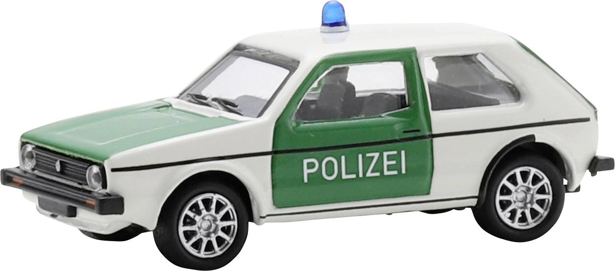 Ein weiß-grünes Spielzeugpolizeiauto mit der Aufschrift „POLIZEI