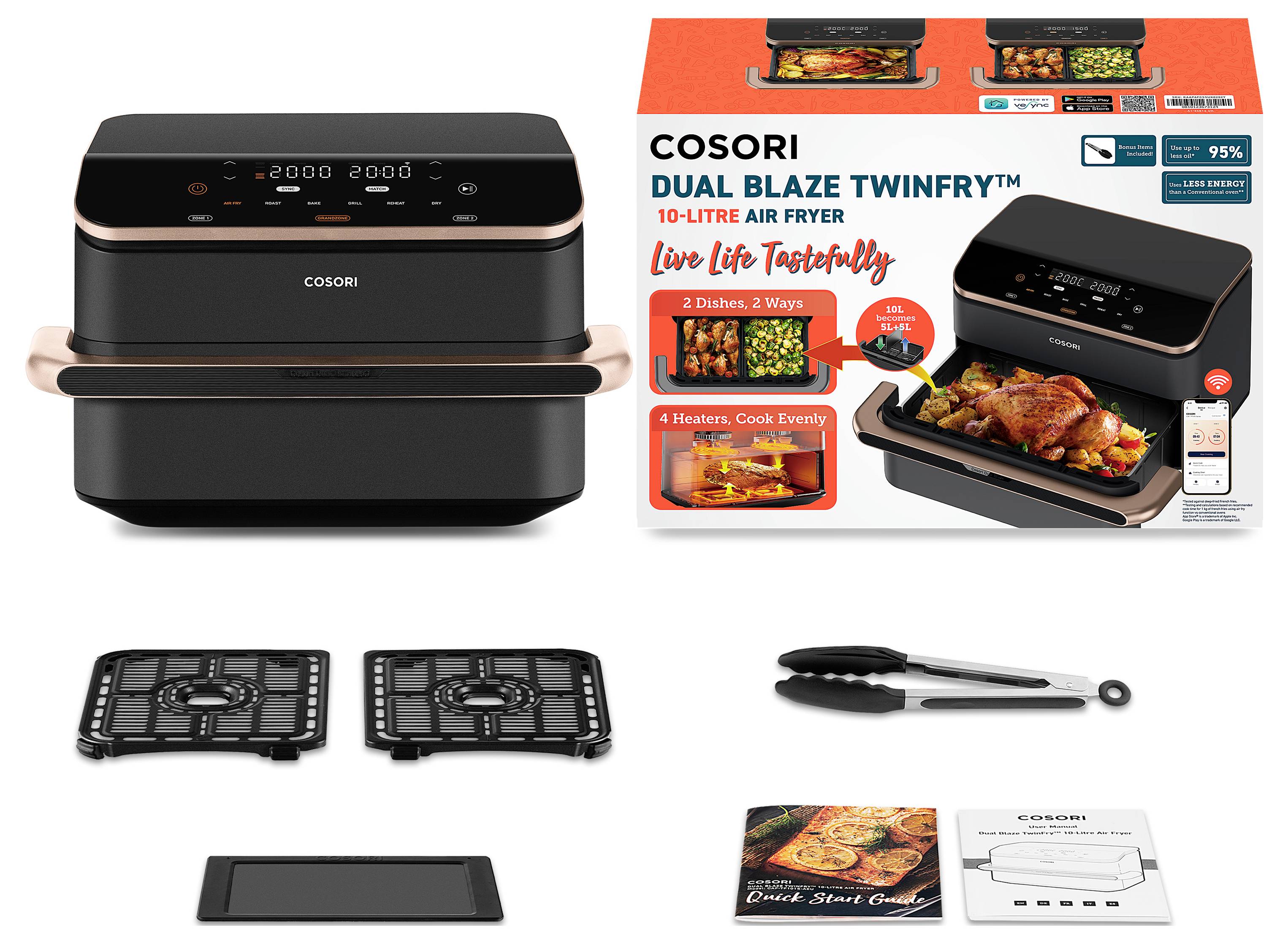 Cosori Dual Blaze TwinFry 10-Liter Heißluftfritteuse mit Zubehör, einschließlich zwei Knuspergitter, einem Tablett, einer Zange, einer Rezeptkarte und einem Handbuch.