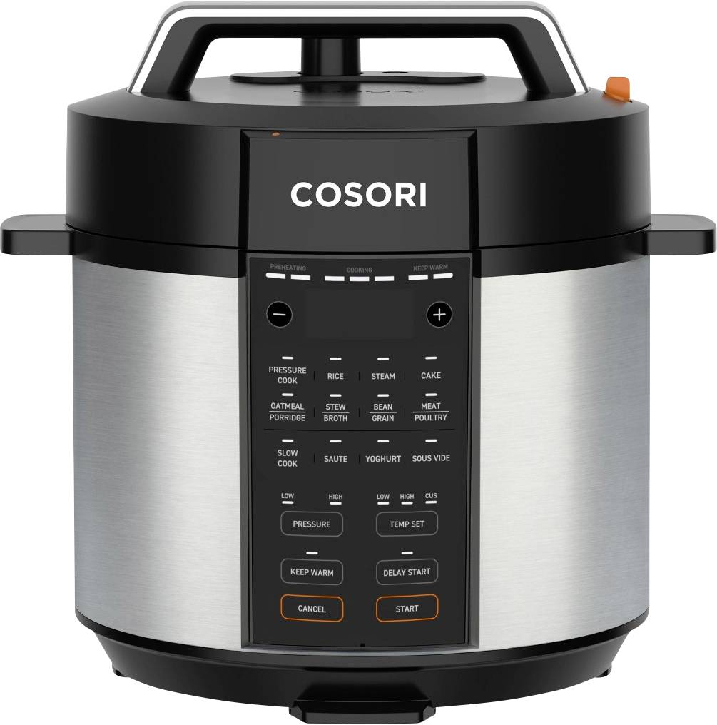 COSORI Elektro-Schnellkochtopf mit Edelstahlgehäuse, schwarzem Deckel und Bedienfeld mit voreingestellten Garmodi und Start-/Abbruchtasten.
