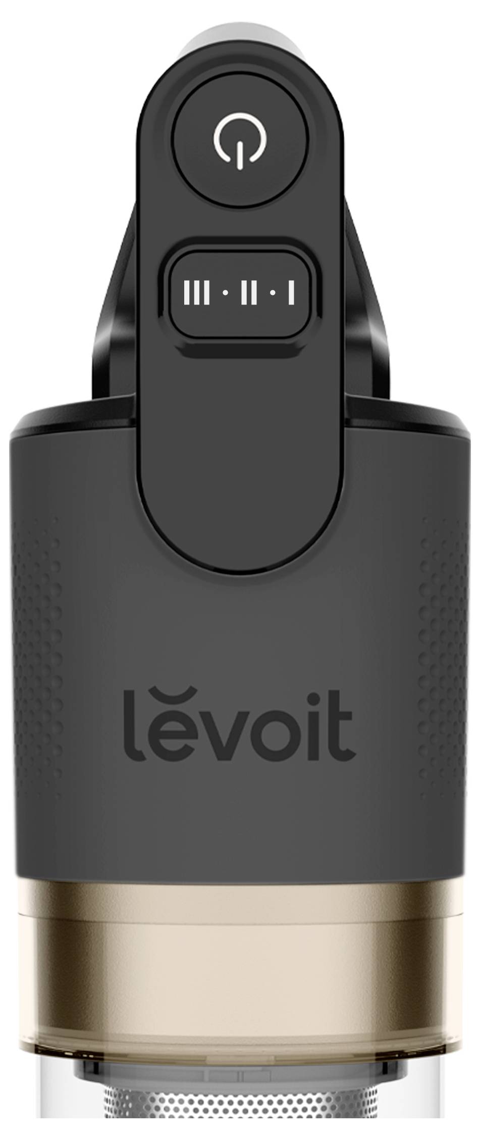 Levoit-Luftreiniger in Zylinderform mit einem Stromschalter oben und Bedienfeld vorne, gezeigt in Schwarz und Gold.
