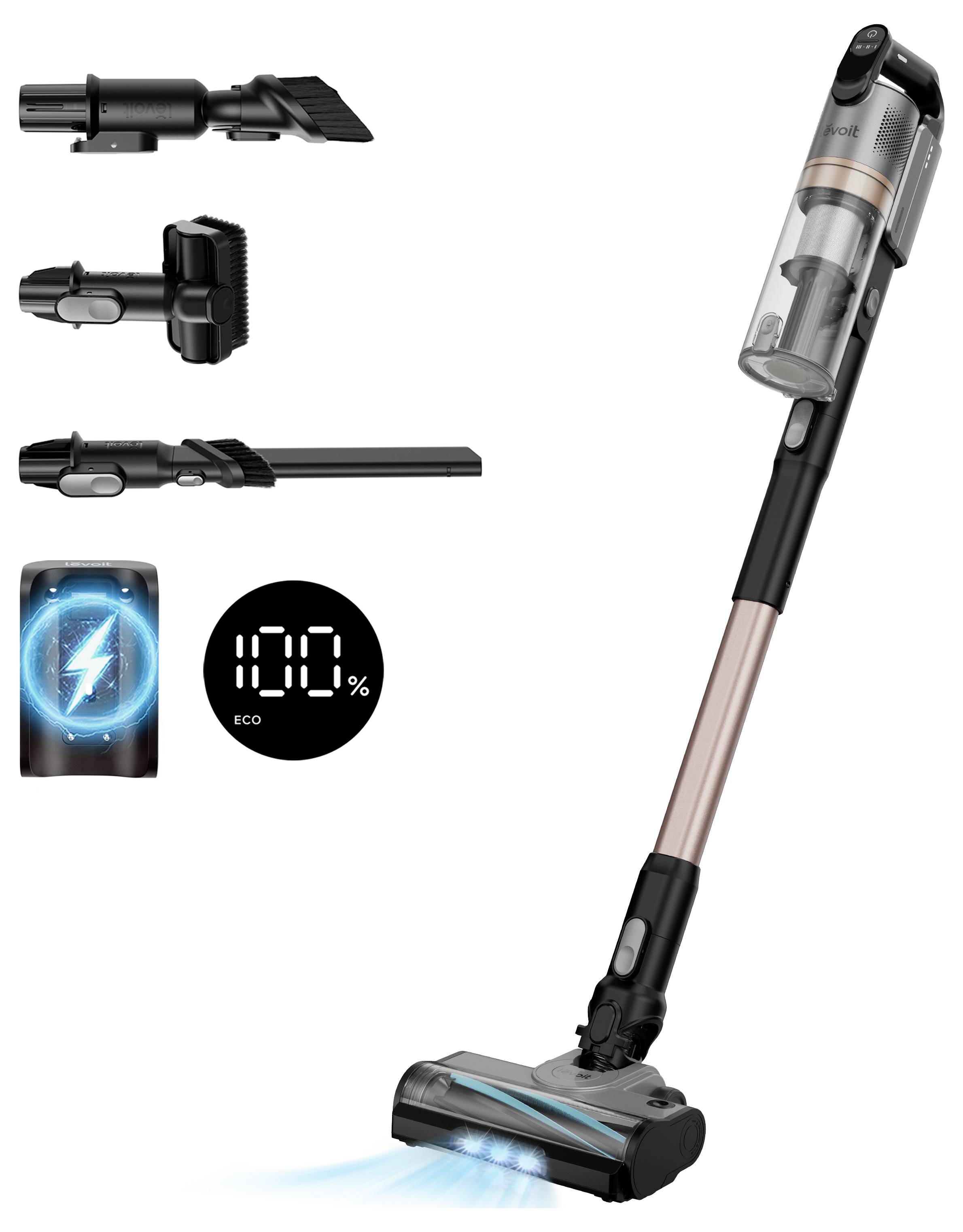 Kabelloser Stabstaubsauger mit drei Zubehördüsen, LED-Batteriesymbol und 100%-Öko-Anzeige.