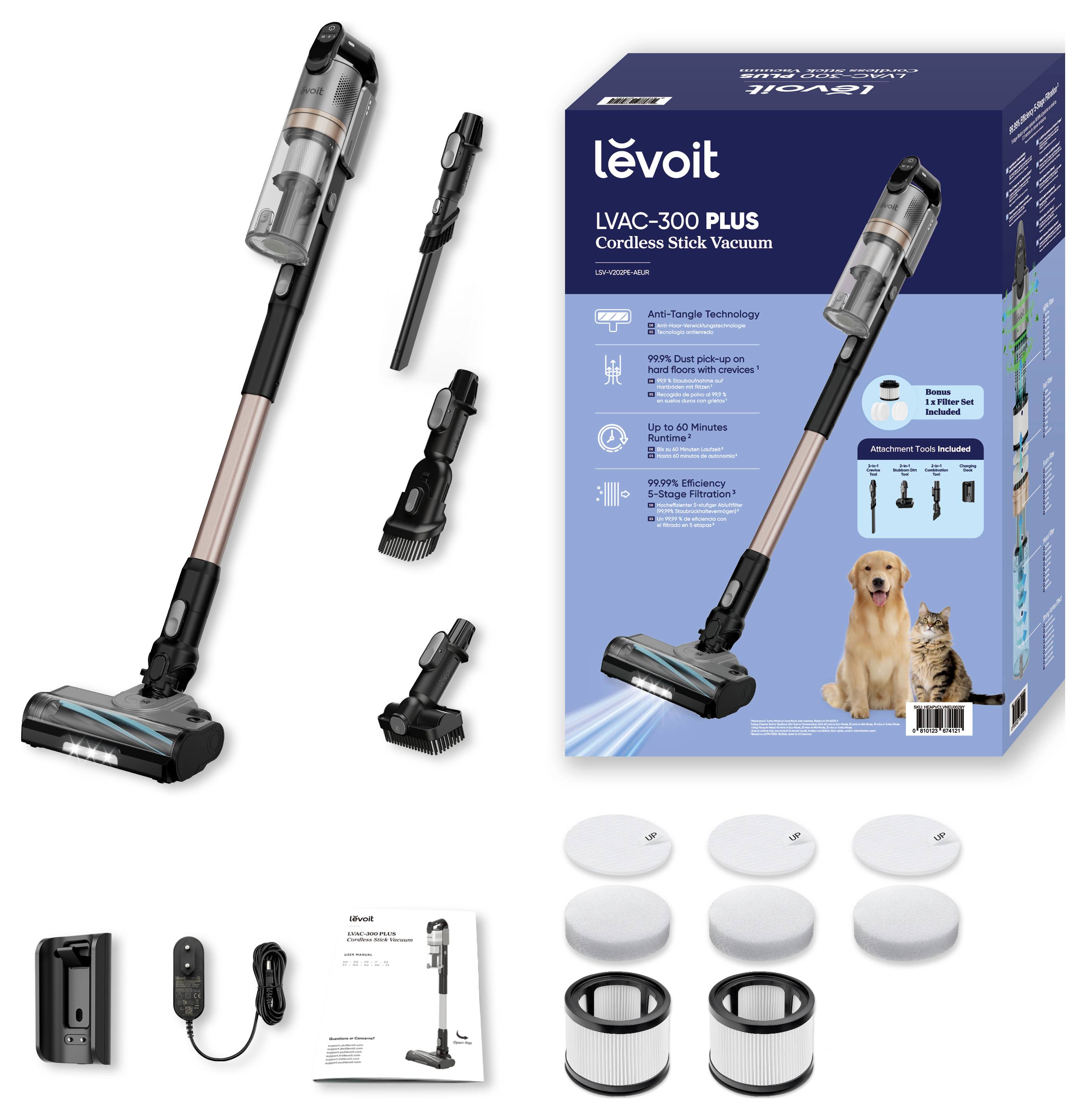 Levoit LVAC-300 Plus schnurloses Stabstaubsauger-Set mit Staubsauger, Zubehör, Filtern, Ladegerät, Bedienungsanleitung und Produktbox.