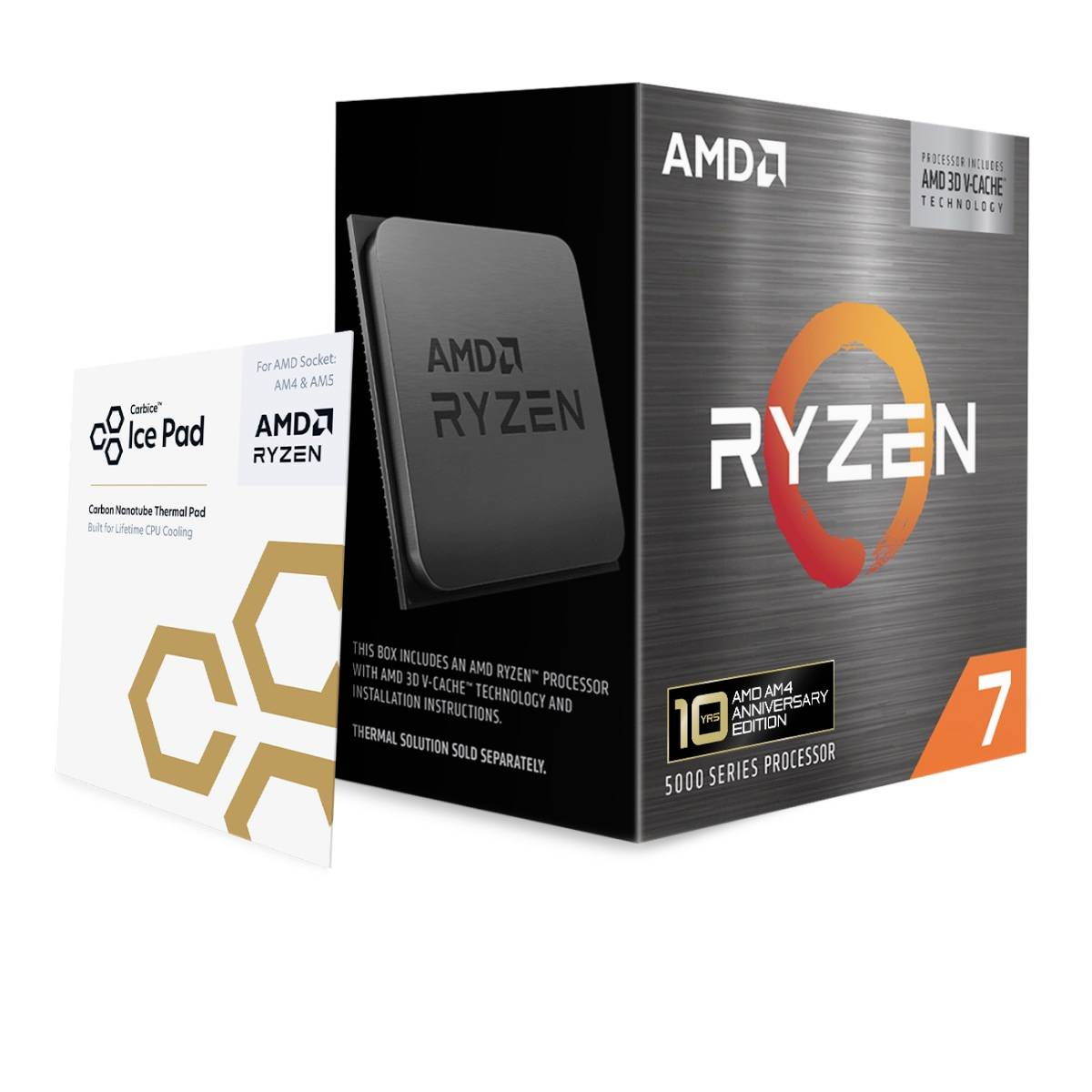 AMD Ryzen 7 Prozessor Einzelhandelsverpackung mit einem mitgelieferten Ice Pad Wärmelösungspaket für AMD Socket AM4 und AM5.