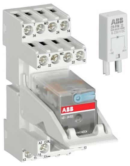 ABB-Steckerrelais mit Sockel und Aufsteckmodul, zeigt Anschlüsse, Spule und Relaiskontakte.