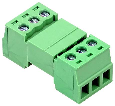 Grüner 3-Pol-Klemmleistenstecker-Adapter mit Schraubklemmen an beiden Enden, gezeigt auf weißem Hintergrund.
