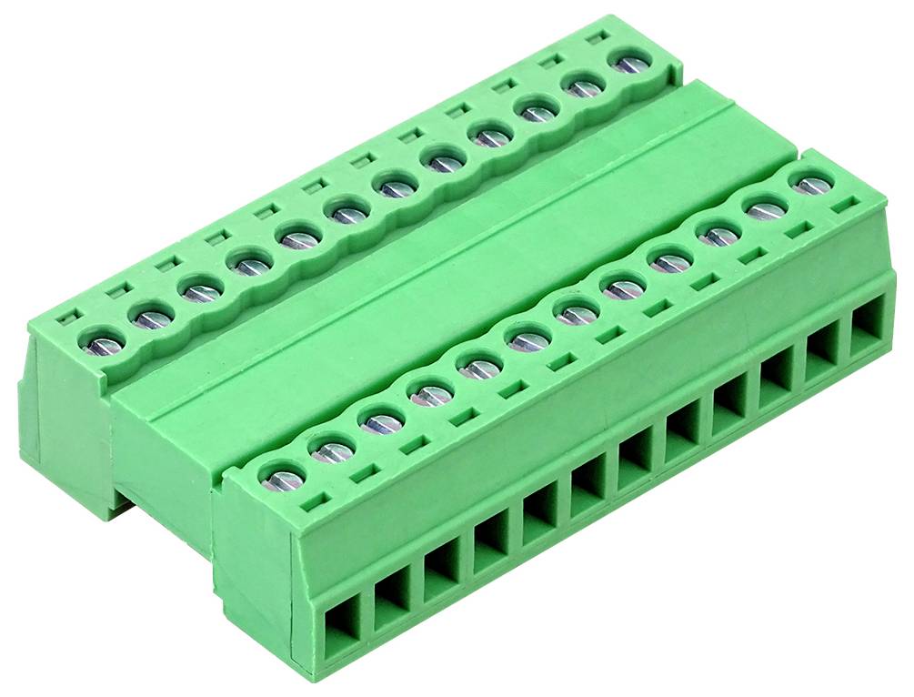Grüner zweipoliger Schraubklemmenblock-Stecker mit mehreren Anschlussöffnungen, gezeigt auf weißem Hintergrund.