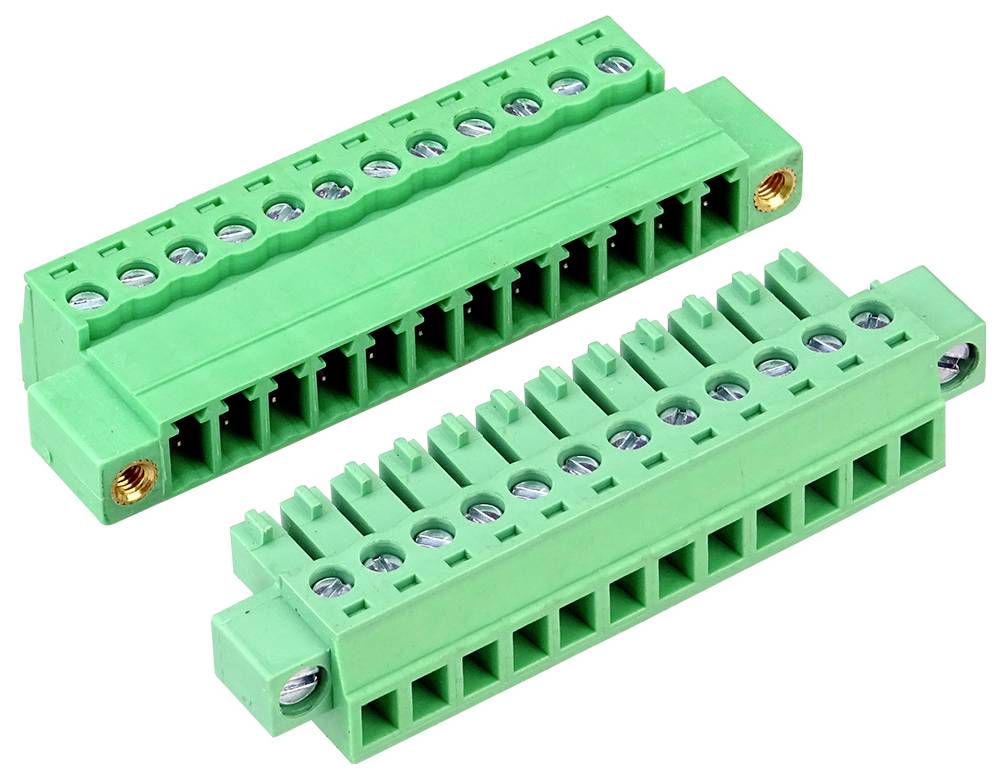 Zwei grüne Schraubklemmleisten auf weißem Hintergrund, jede mit mehreren Drahtschlitzen für elektrische Verbindungen.