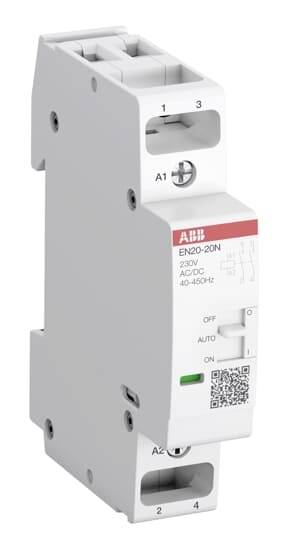 ABB EN20-20N modulares elektrisches Relais/Timer mit beschrifteten Klemmen, Modusschalter, Statusanzeige und QR-Code auf der Vorderseite