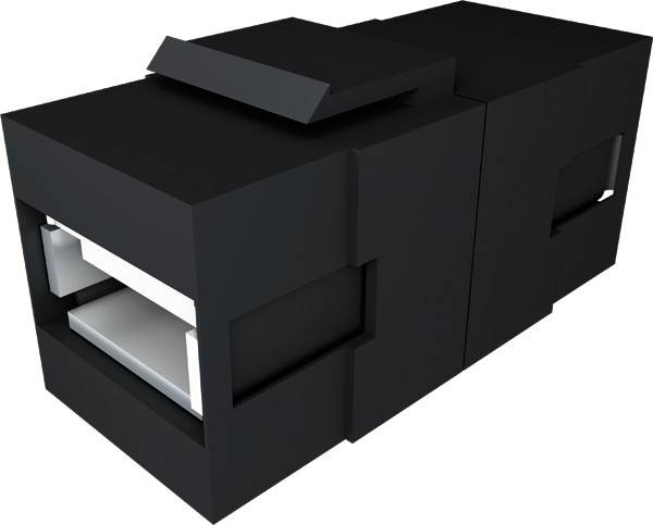 Schwarzes rechteckiges elektronisches Stecker- oder Anschlussmodul mit Frontöffnung und Seitenverschluss, in 3D auf weißem Hintergrund angezeigt