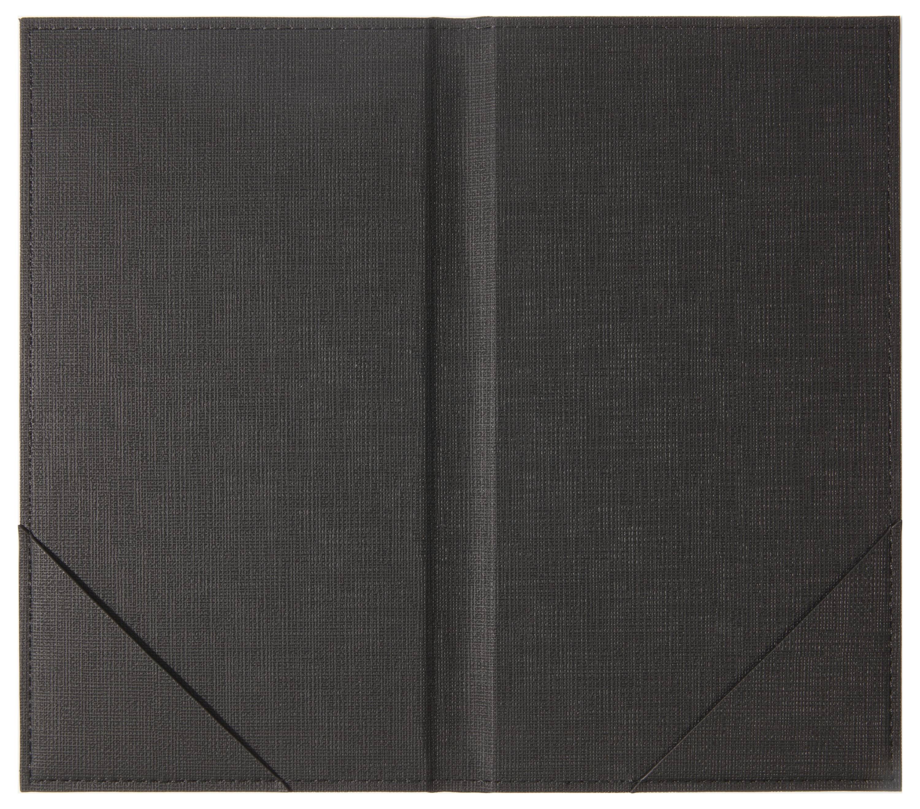 Closed black presentation folder or portfolio with triangular corner flaps, shown against a white background.