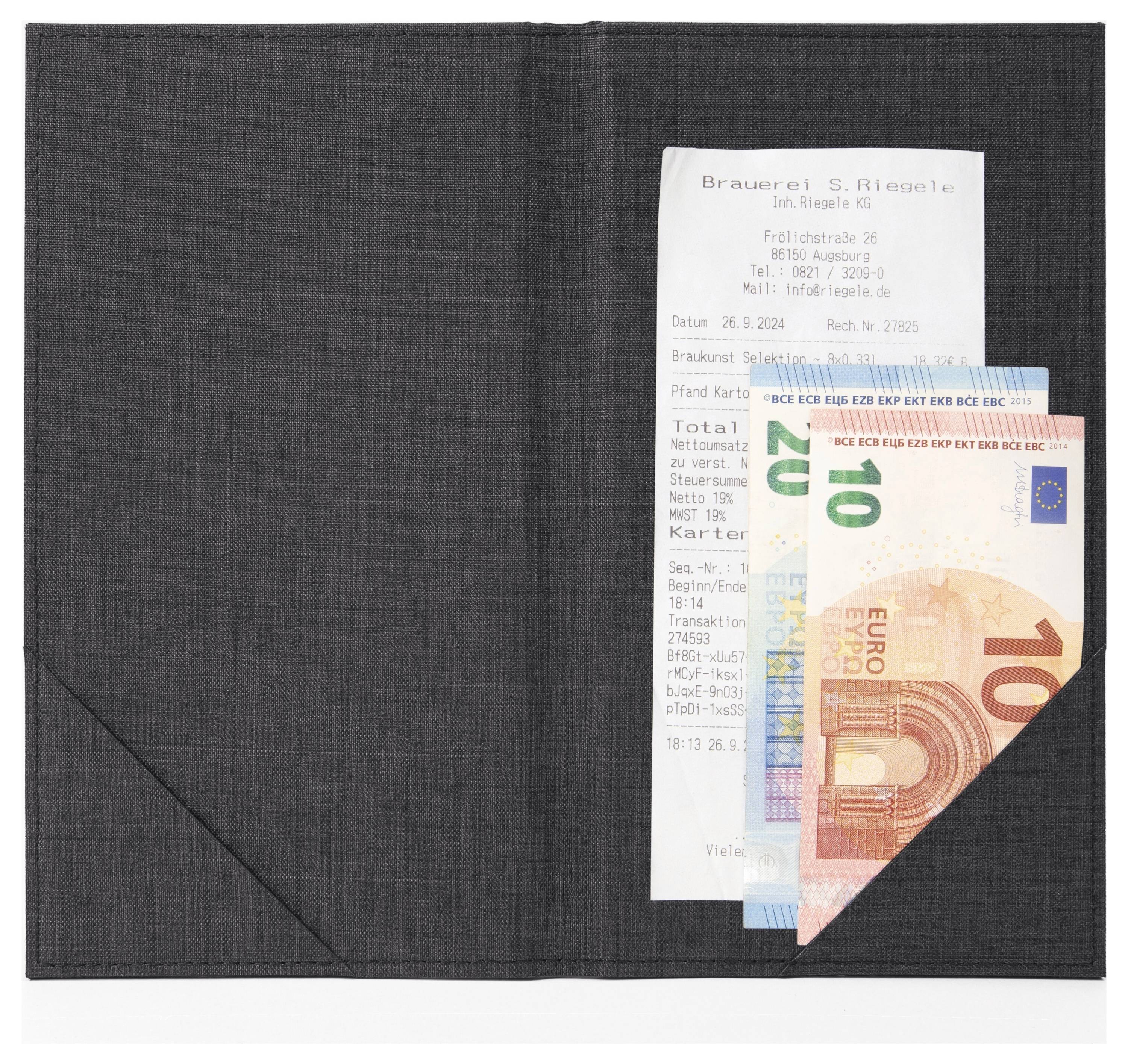 Black wallet or billfold holding a receipt and several euro banknotes, including 10 and 20 euro notes, partly visible in a pocket.