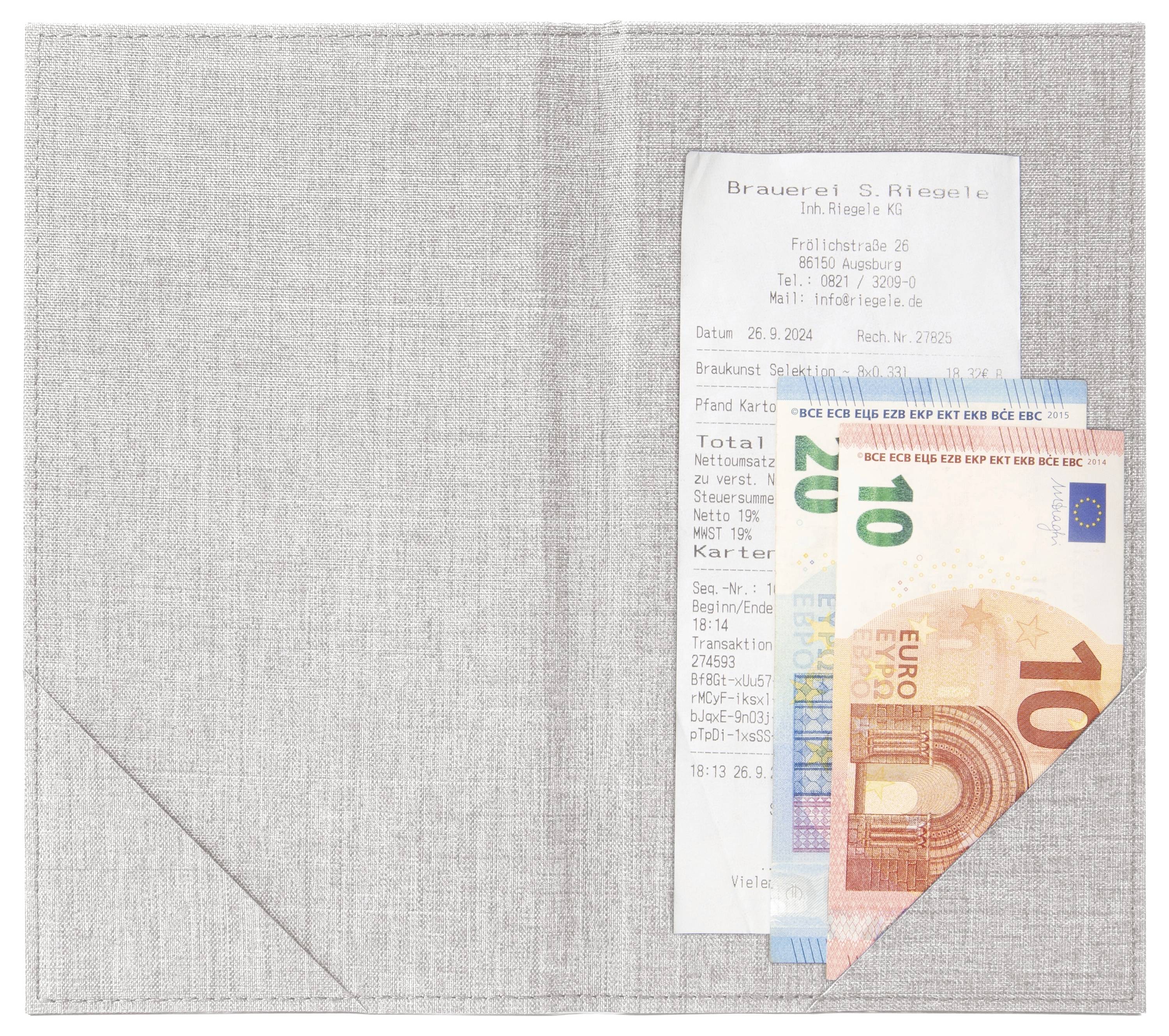 A folded gray fabric envelope holds a receipt and Euro banknotes, suggesting a small cash payment or expense record.