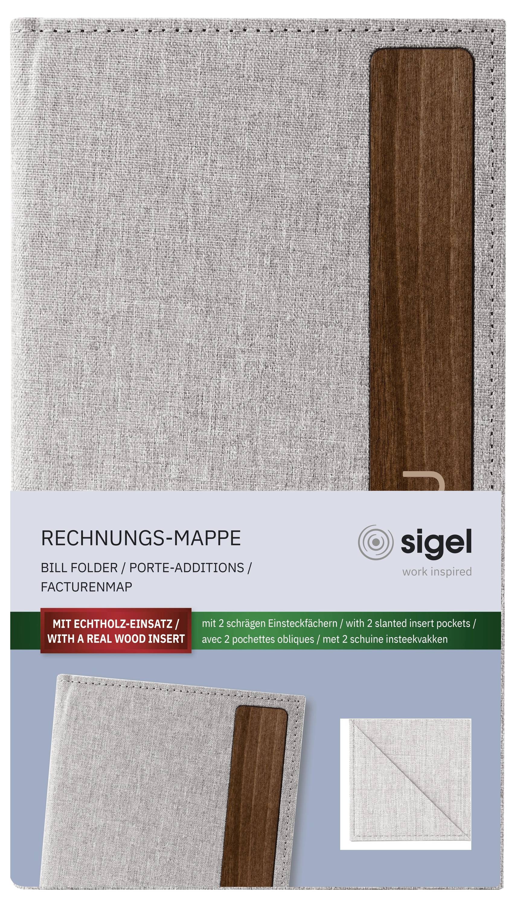 Grey linen-look invoice folder with wood insert, labeled 'RECHNUNGS-MAPPE' and 'sigel', shown on product packaging.