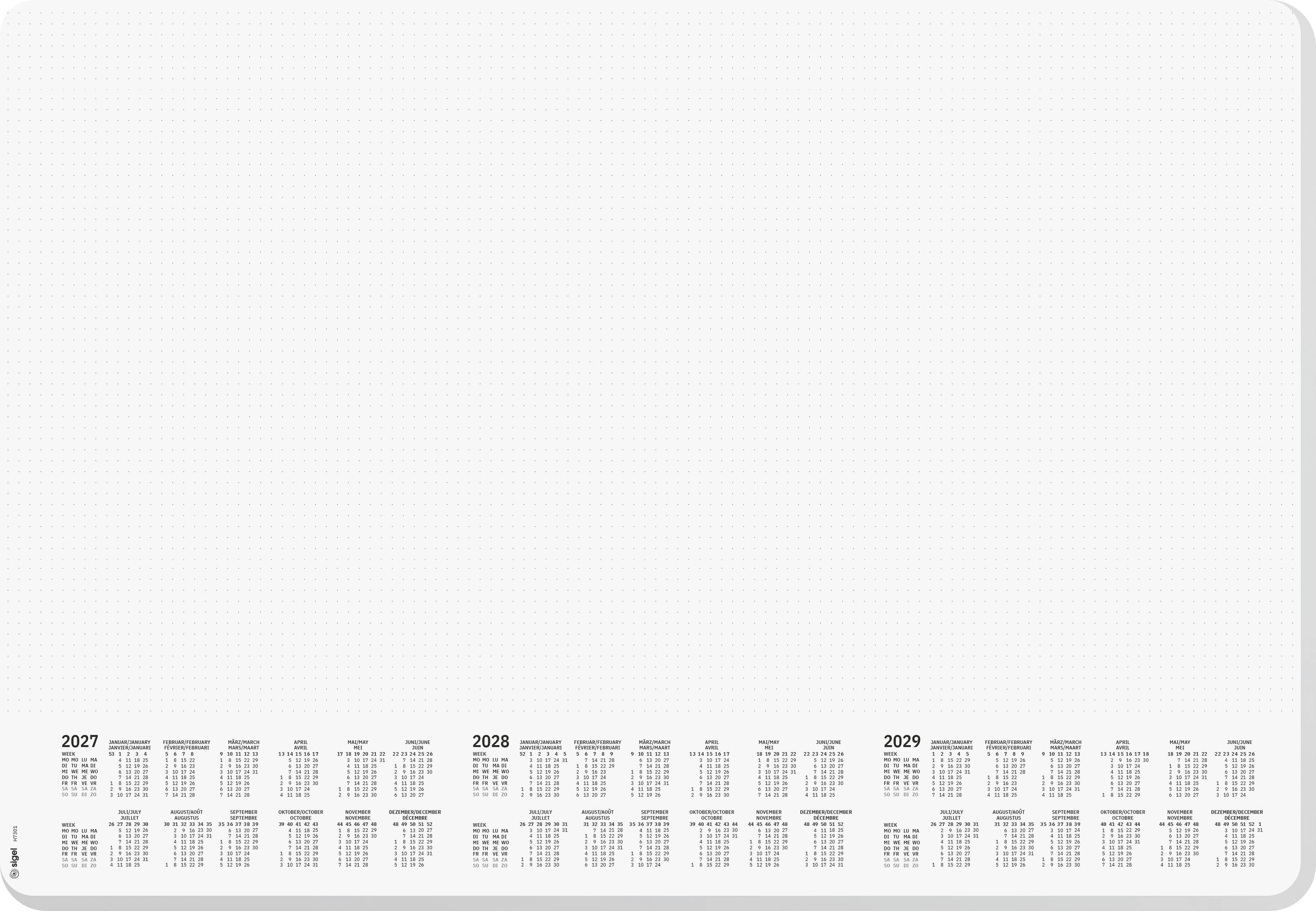 Leere weiße Kalendervorlage mit kleinen Monatskalendern für 2017, 2018 und 2019 entlang der unteren Kante