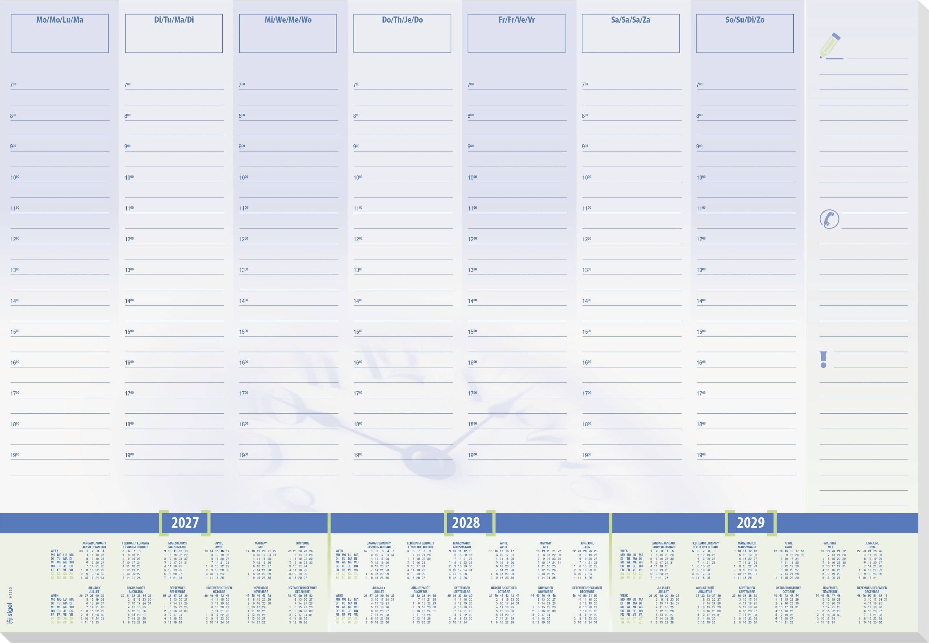 Dreijahres-Wochenplaner-Vorlage mit sieben Tagesspalten und einem unteren Jahreskalender für 2027, 2028 und 2029.