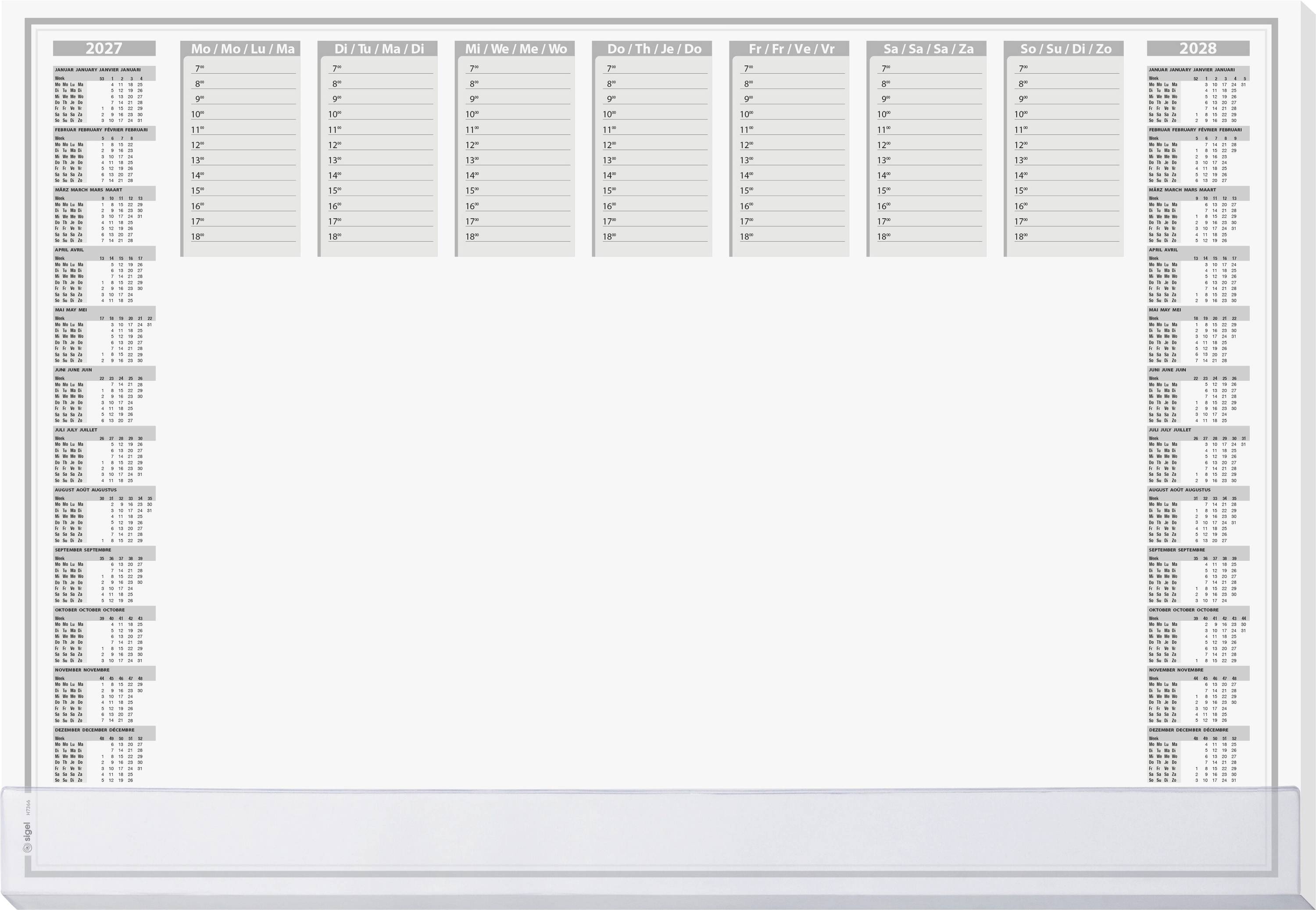 Empty weekly planner template with 2027 and 2028 mini calendars on the left and right, and seven blank weekday columns across the top.