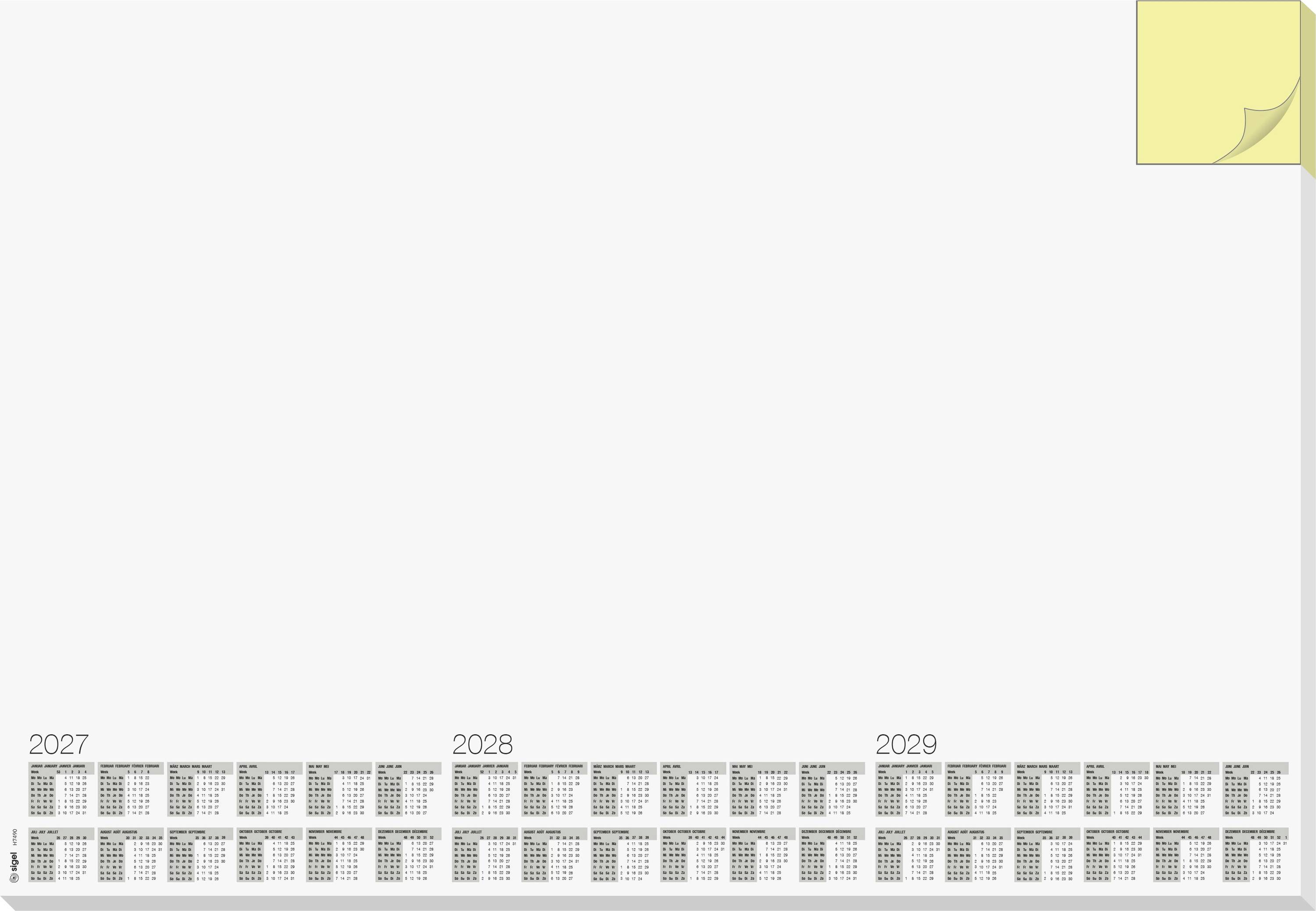 Leere Kalendervorlage mit Monaten für 2027, 2028 und 2029 entlang der unteren Kante, mit einem gefalteten Notiz-Symbol oben rechts.