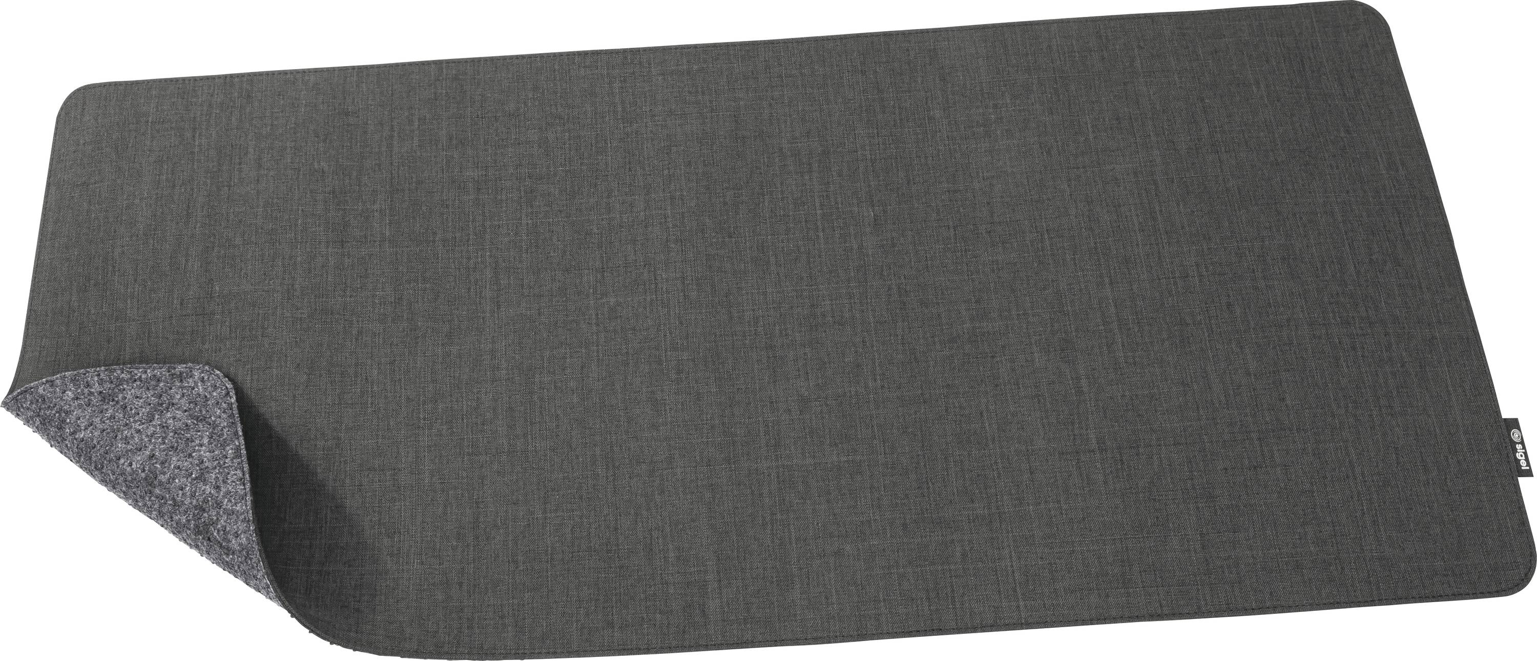 Dunkelgraue rechteckige Schreibtischunterlage oder Mousepad mit strukturierter Oberfläche und einer umgeschlagenen Ecke, die die hellere Unterseite zeigt.