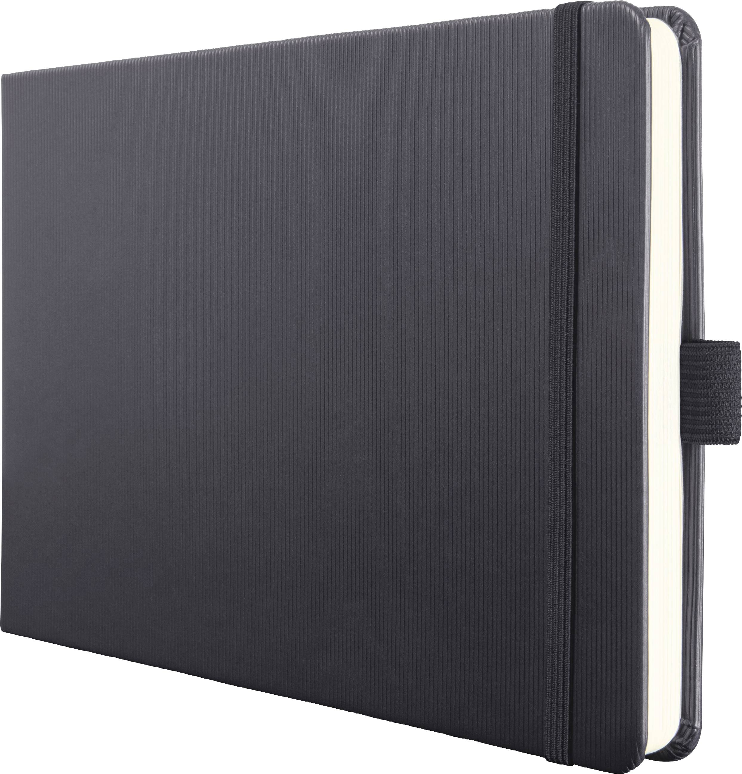 Schwarzes Hardcover-Notizbuch, das mit einem elastischen Band auf der rechten Seite verschlossen ist.