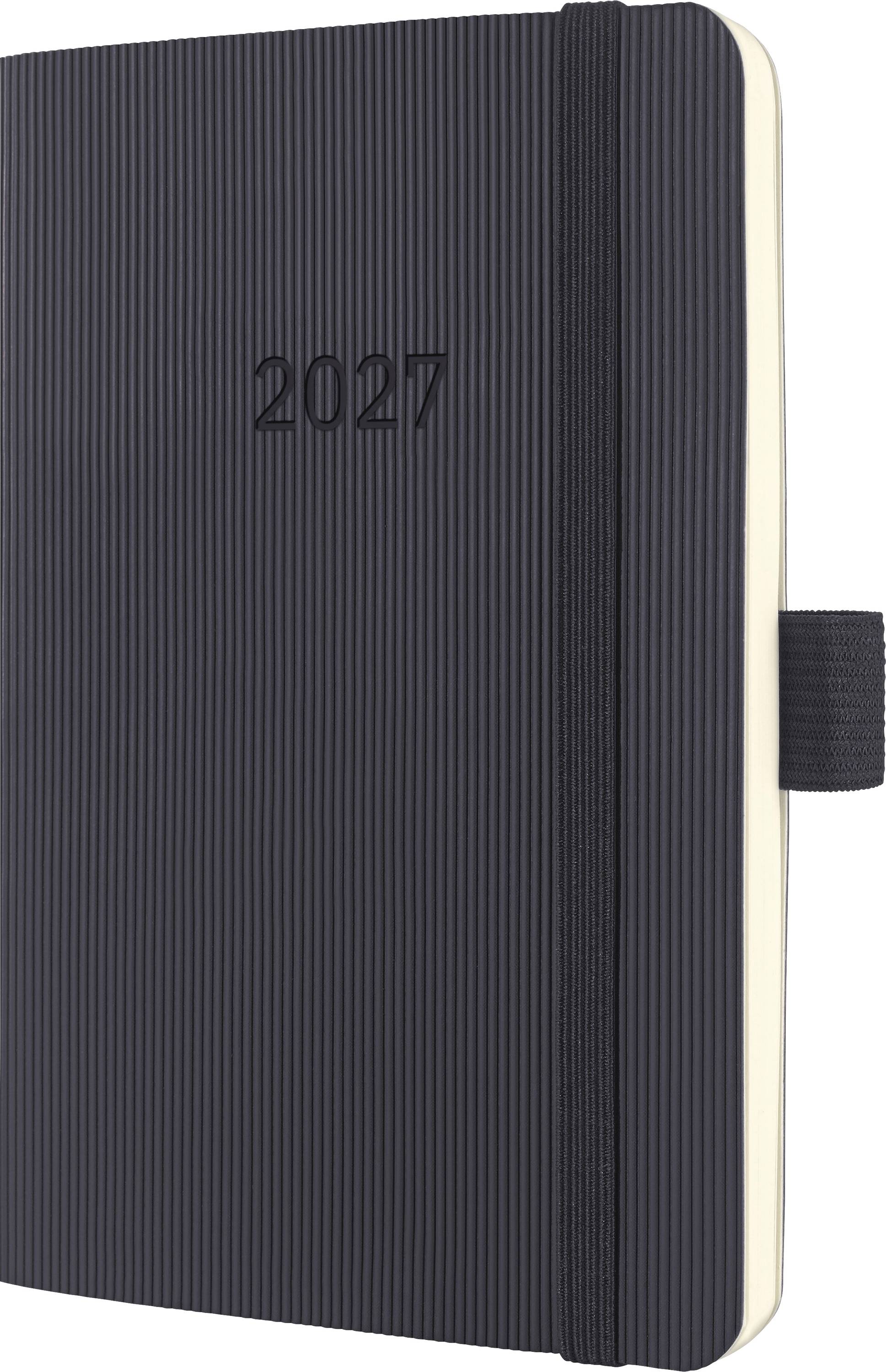 Schwarzes geripptes Planner-Notizbuch 2027 mit abgerundeten Ecken und elastischem Verschlussband.