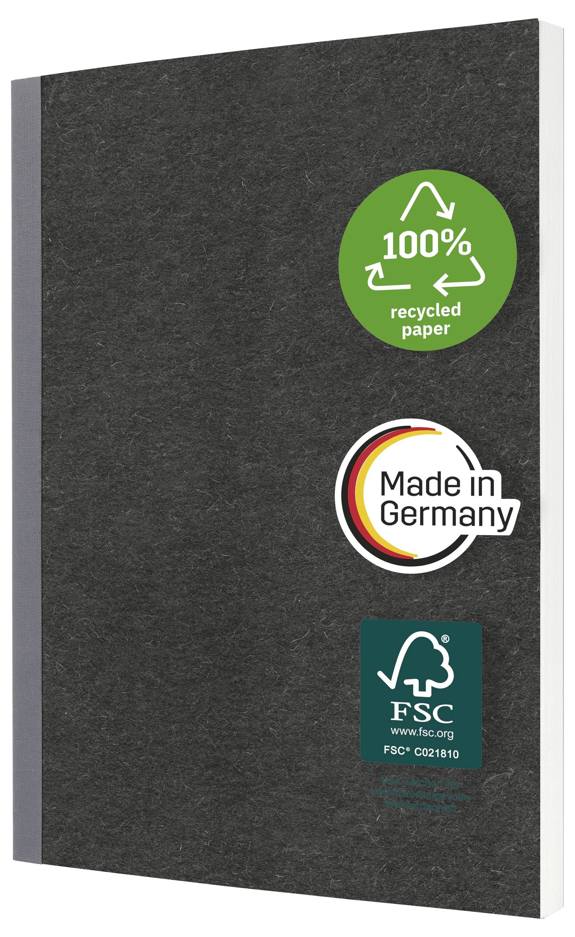 Dunkelgraues Notizbuch oder Ordnercover mit drei Umwelt-/Herstellungsabzeichen: „100% Recyclingpapier