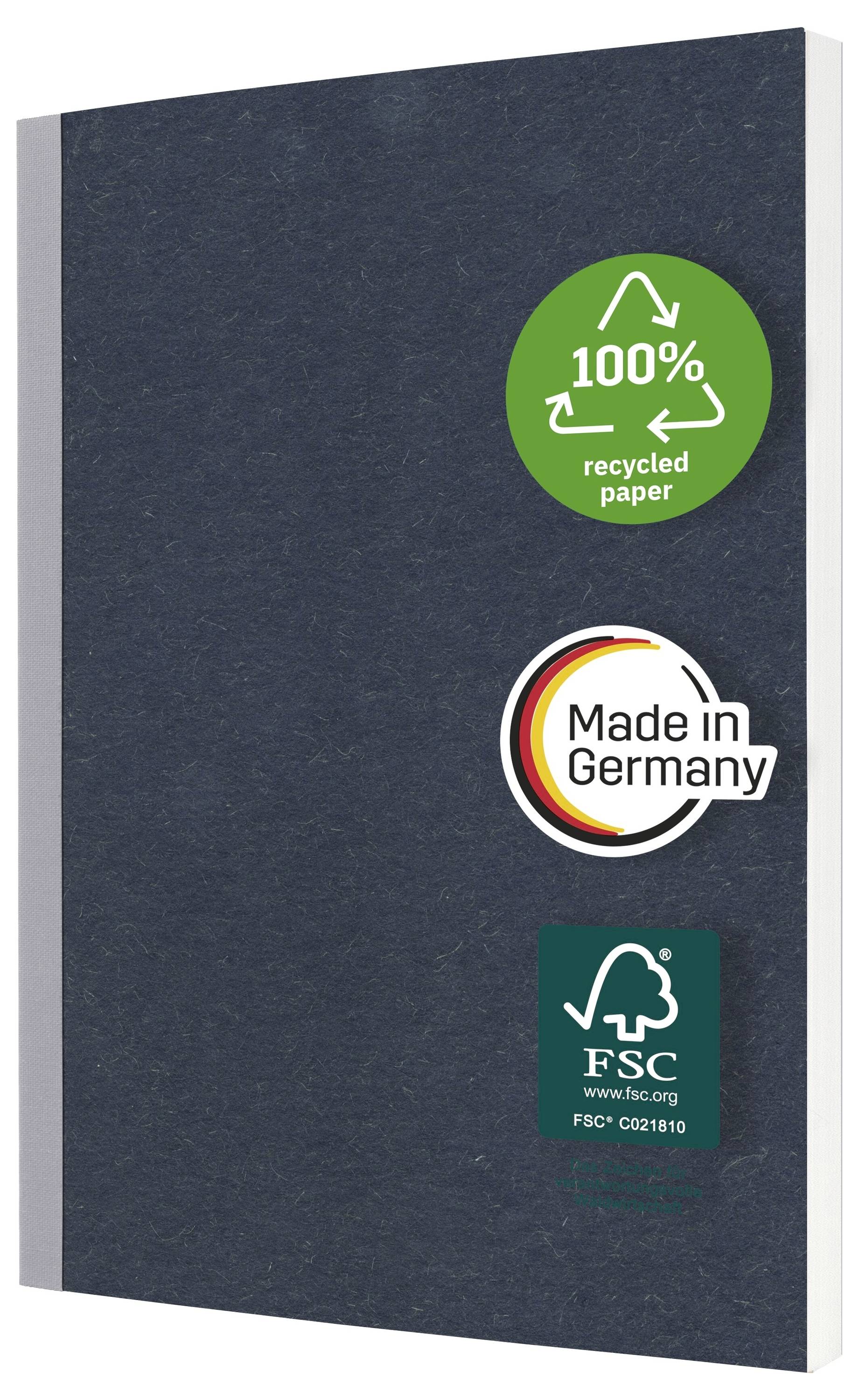 Dunkler Hardcover-Notizbuch- oder Binderumschlag mit drei Etiketten: „100% Recyclingpapier