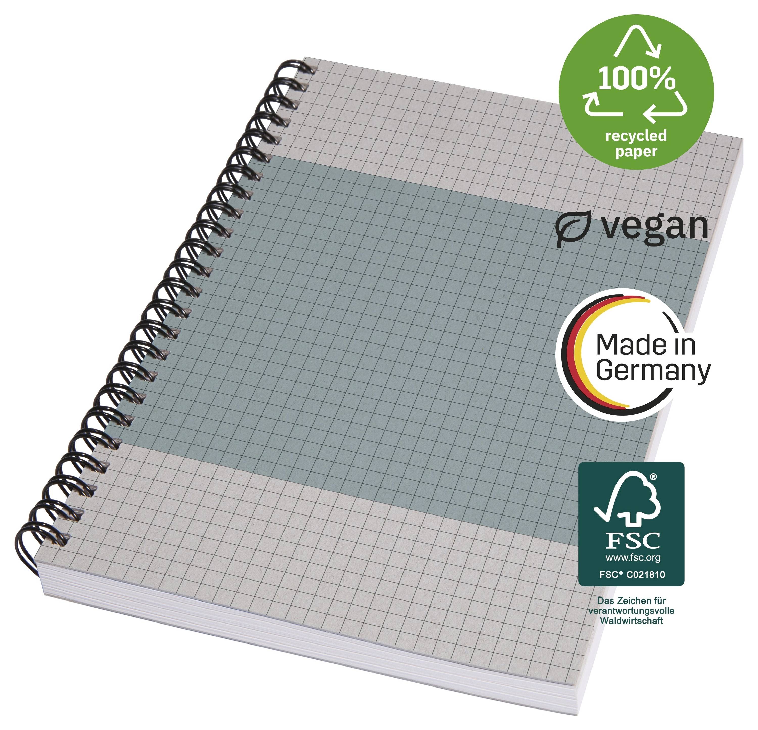 Spiralgebundenes Millimeterpapier-Notizbuch mit Etiketten „100% Recyclingpapier