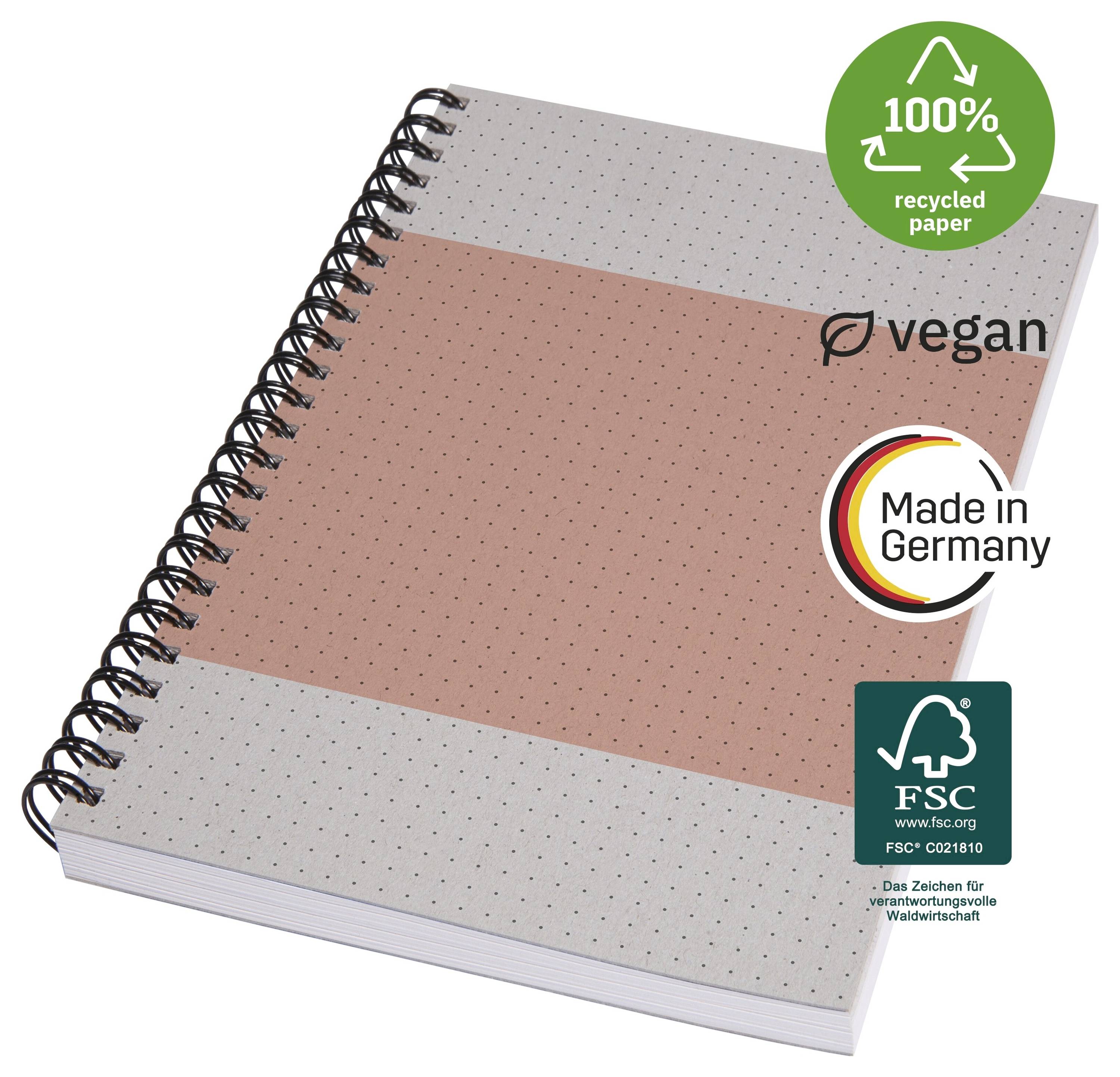 Spiralbindung-Notizbuch mit gepunkteter Oberfläche, gekennzeichnet mit „100% Recyclingpapier