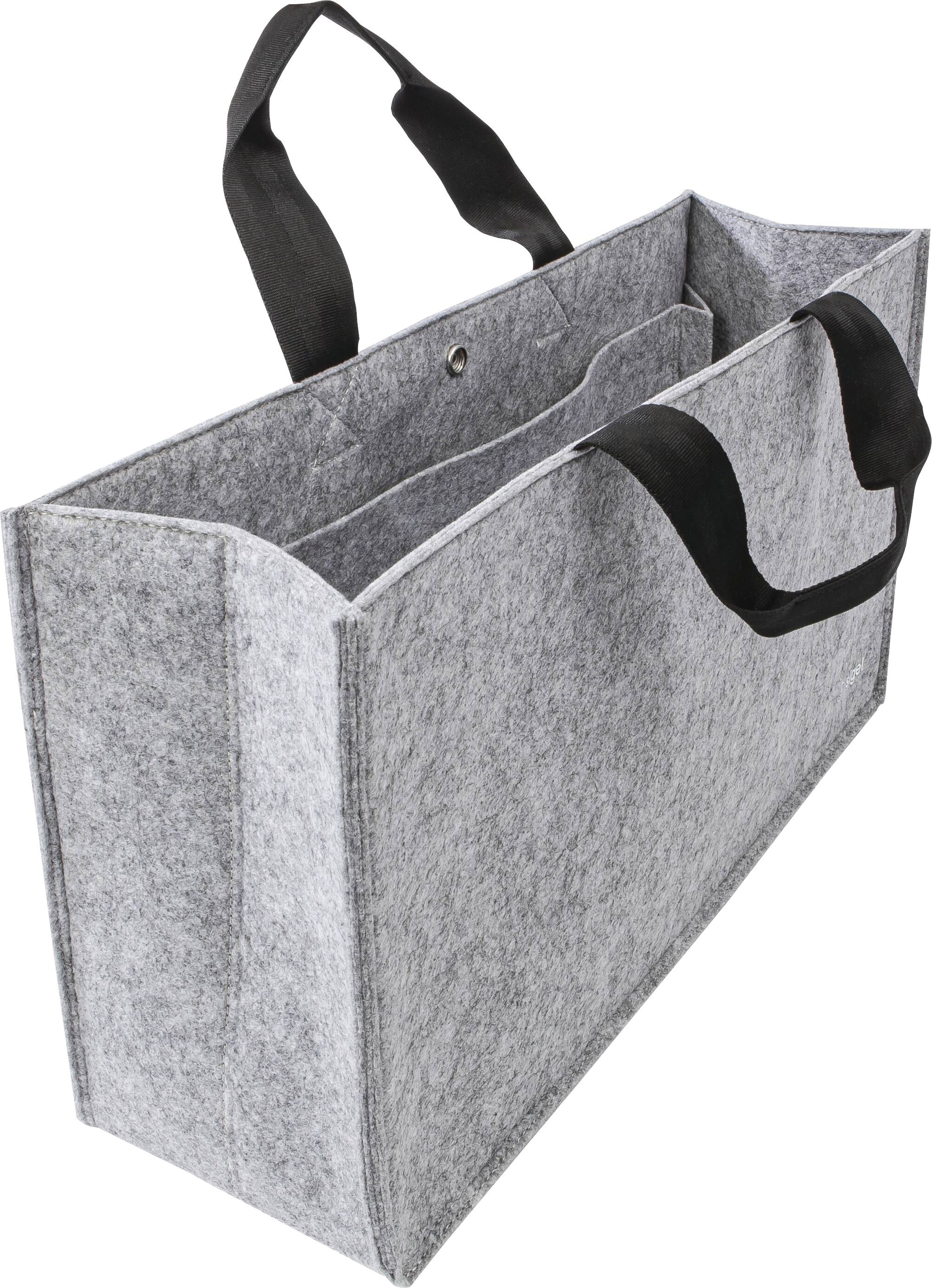 Graue Filztasche mit schwarzen Henkeln, offen auf weißem Hintergrund gezeigt.
