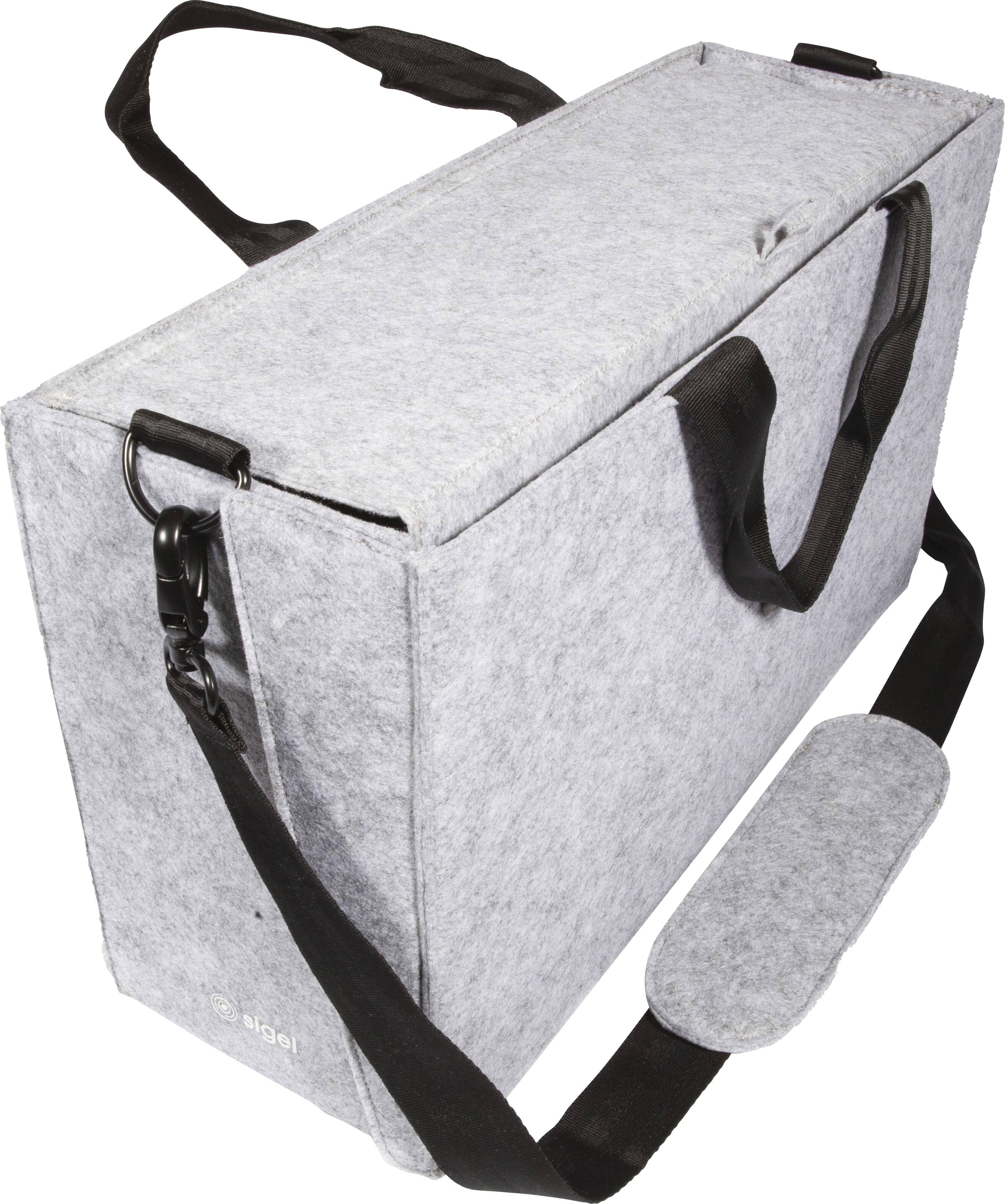 Graue Filztasche mit schwarzen Schultergurten und Henkeln, geschlossen auf weißem Hintergrund dargestellt.