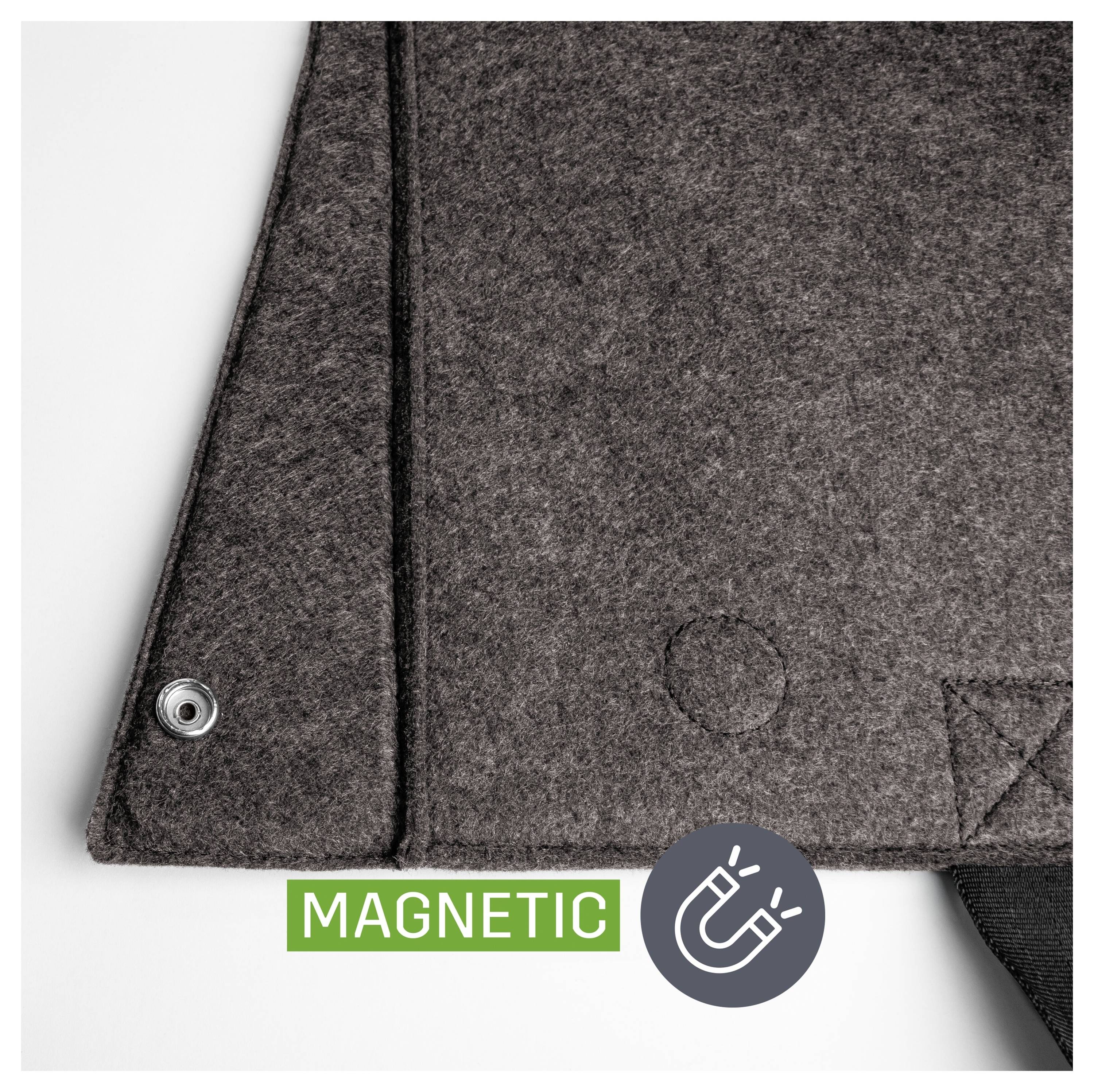 Nahaufnahme einer Ecke eines grauen Filzetuis mit einem Magnetverschluss und einer „MAGNETIC