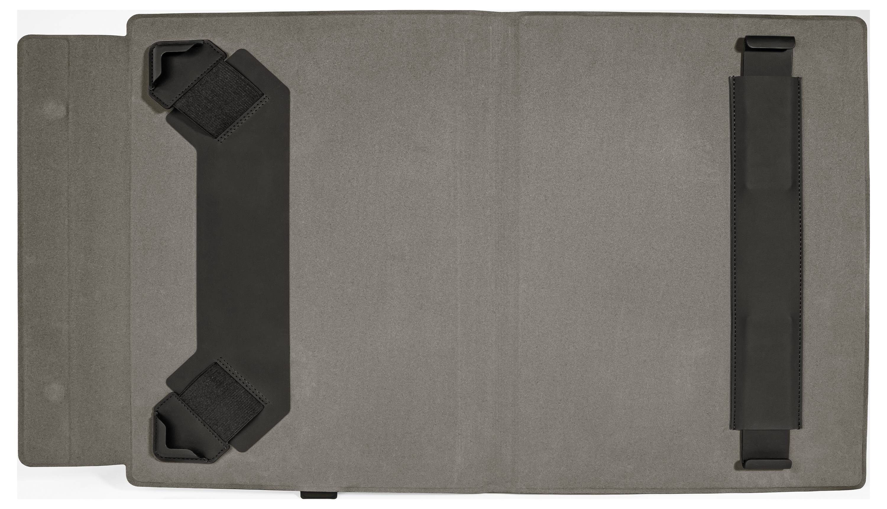 Graues Tablet-Schutzetui zum Zusammenklappen oder Ständer mit zwei schwarzen Klettverschlussriemen, geschlossen vor weißem Hintergrund dargestellt.