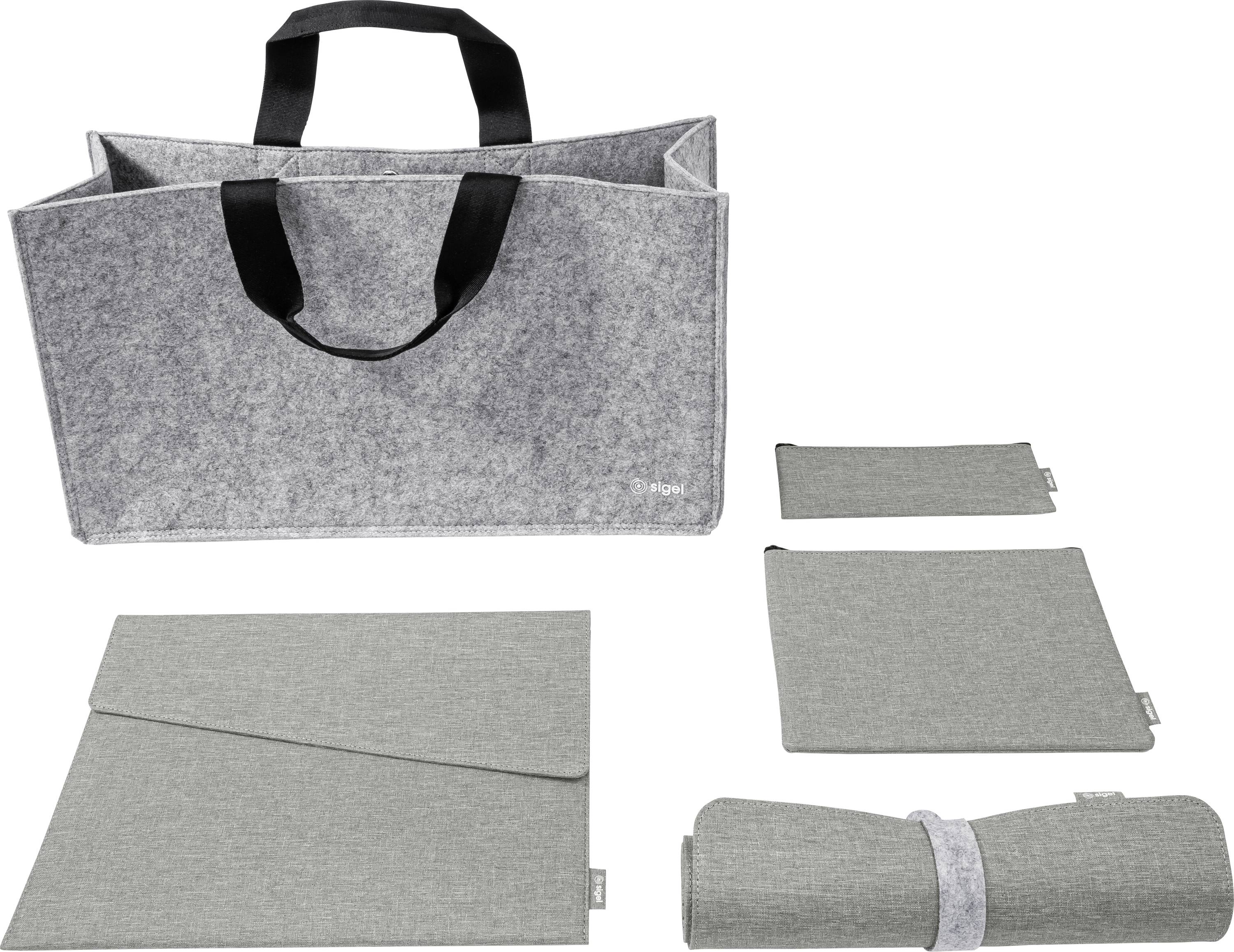 Grauer Filz-Shopper, abgebildet mit passenden Organizer-Teilen, einschließlich flacher Einsatztaschen und einem gerollten Beutel.