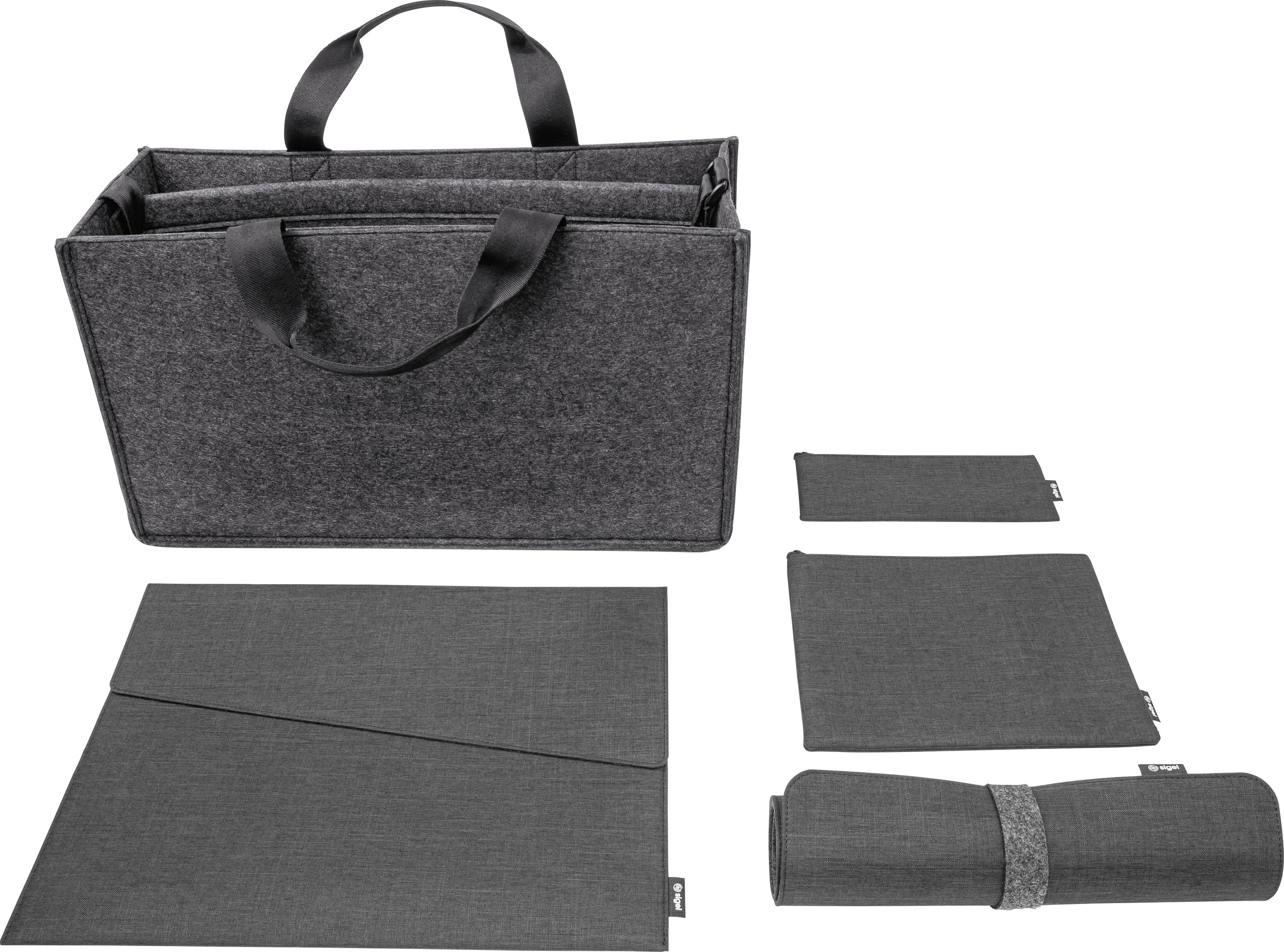 Grauer Filz-Organizer-Shopper mit Griffen, abgebildet mit passenden abnehmbaren Beuteln, Dokumentenmappen und einem gerollten Beutel auf weißem Hintergrund.