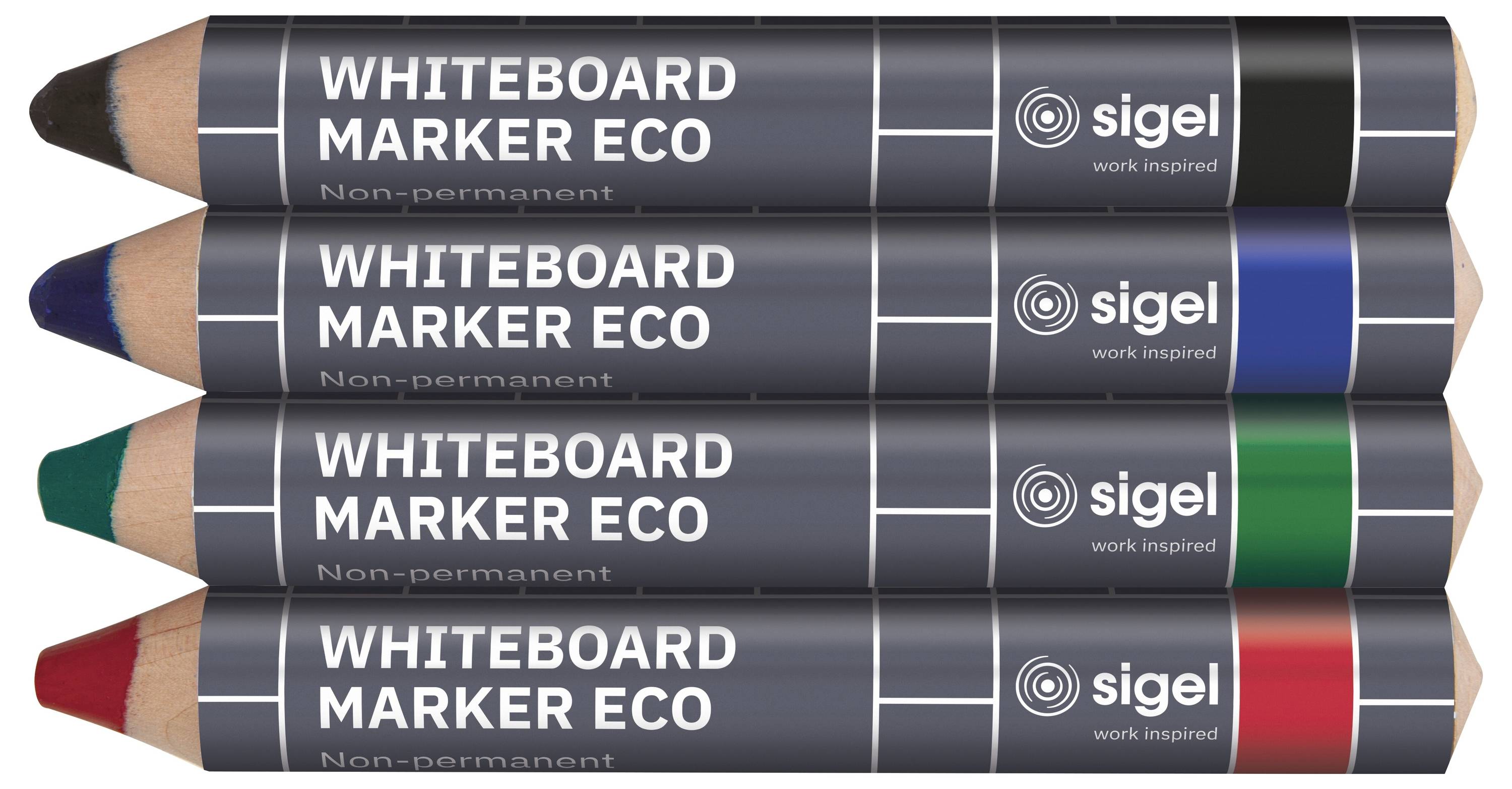Vier Sigel Whiteboard Marker Eco Stifte in Schwarz, Blau, Grün und Rot, horizontal gestapelt mit sichtbaren Keilspitzen.