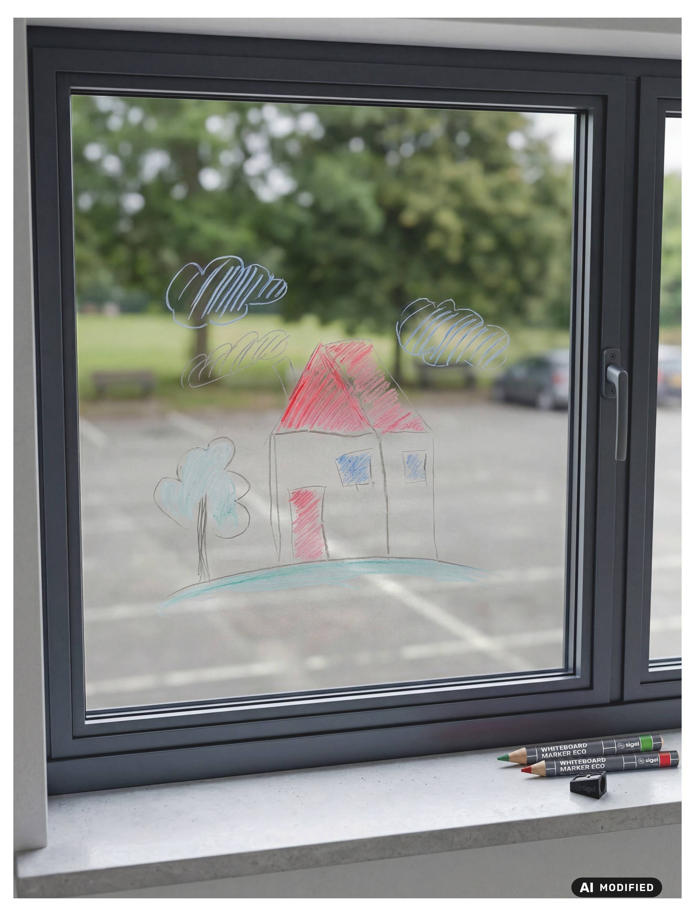 Kindliche Zeichnung auf einem Fenster, die ein Haus, einen Baum, Wolken und Gras zeigt, mit farbigen Markern, die auf der Fensterbank darunter ruhen.