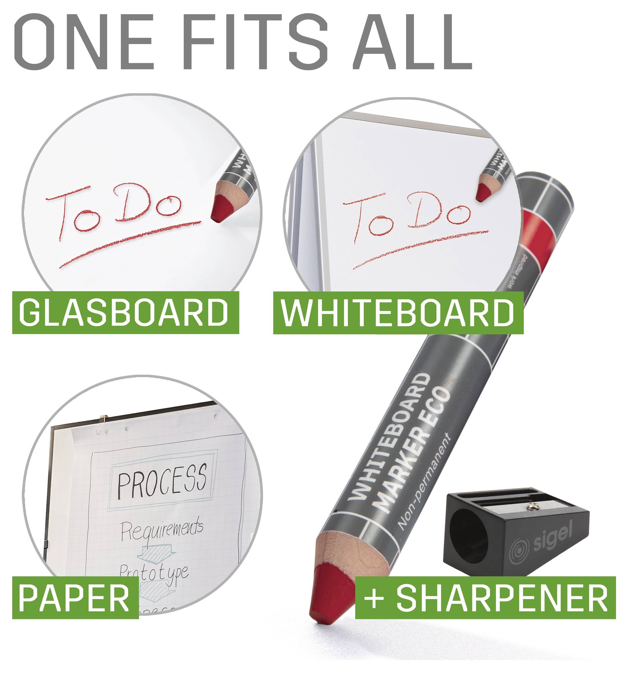 ONE FITS ALLMarker schreibt auf Glastafeln, Whiteboards und PapierSpitzer im Lieferumfang enthalten