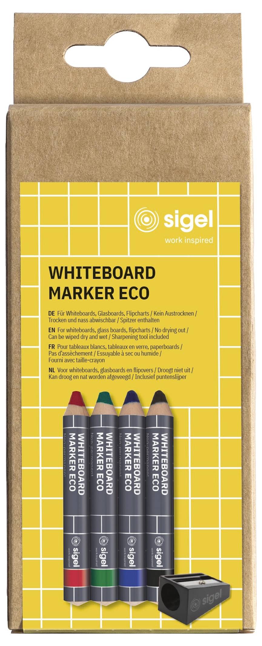Packung mit vier SIGEL Whiteboard-Markern Eco in Schwarz, Blau, Grün und Rot, gezeigt in brauner Kartonverpackung mit gelbem Rasteretikett.