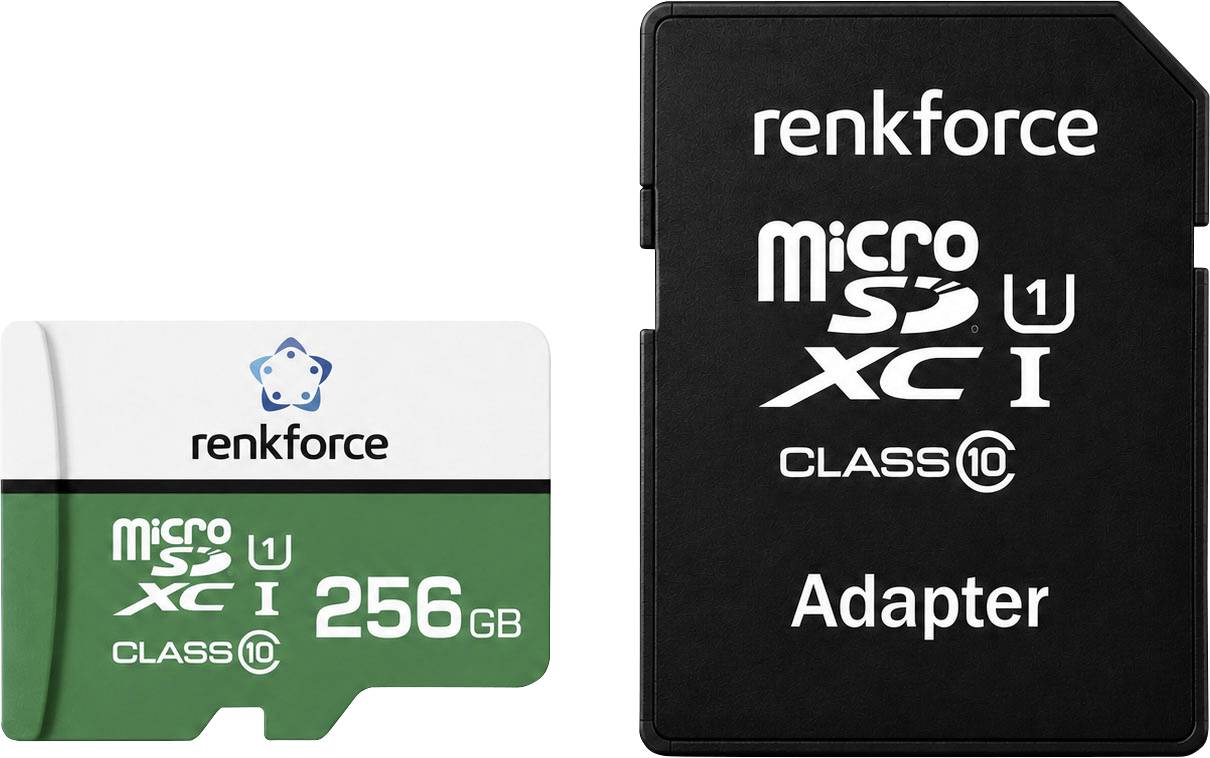 Renkforce 256GB microSD-Karte und schwarzer Adapter nebeneinander, zeigen die Kartenkapazität und den mitgelieferten Adapter.